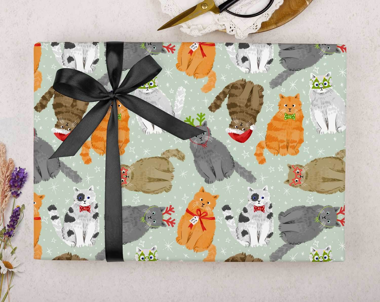 Green Christmas Cat Wrapping Paper. Wrapping Paper designed by Making Meadows