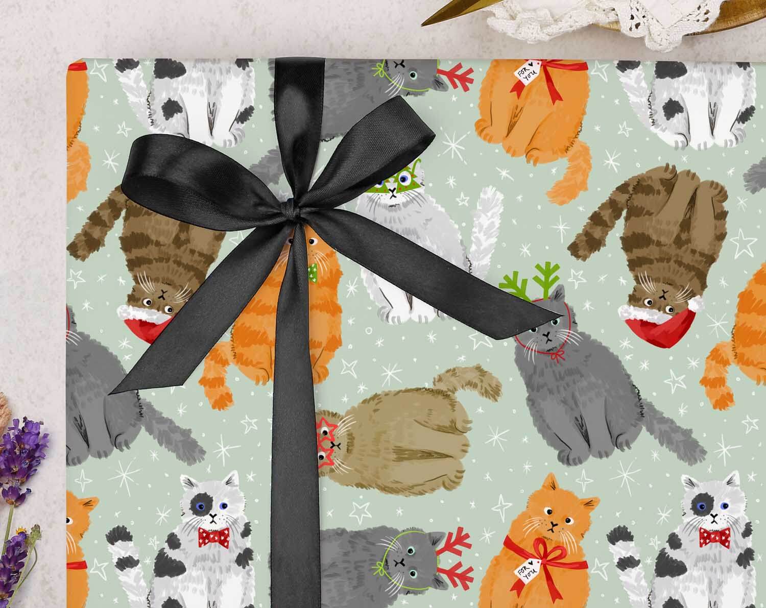 Green Christmas Cat Wrapping Paper. Wrapping Paper designed by Making Meadows