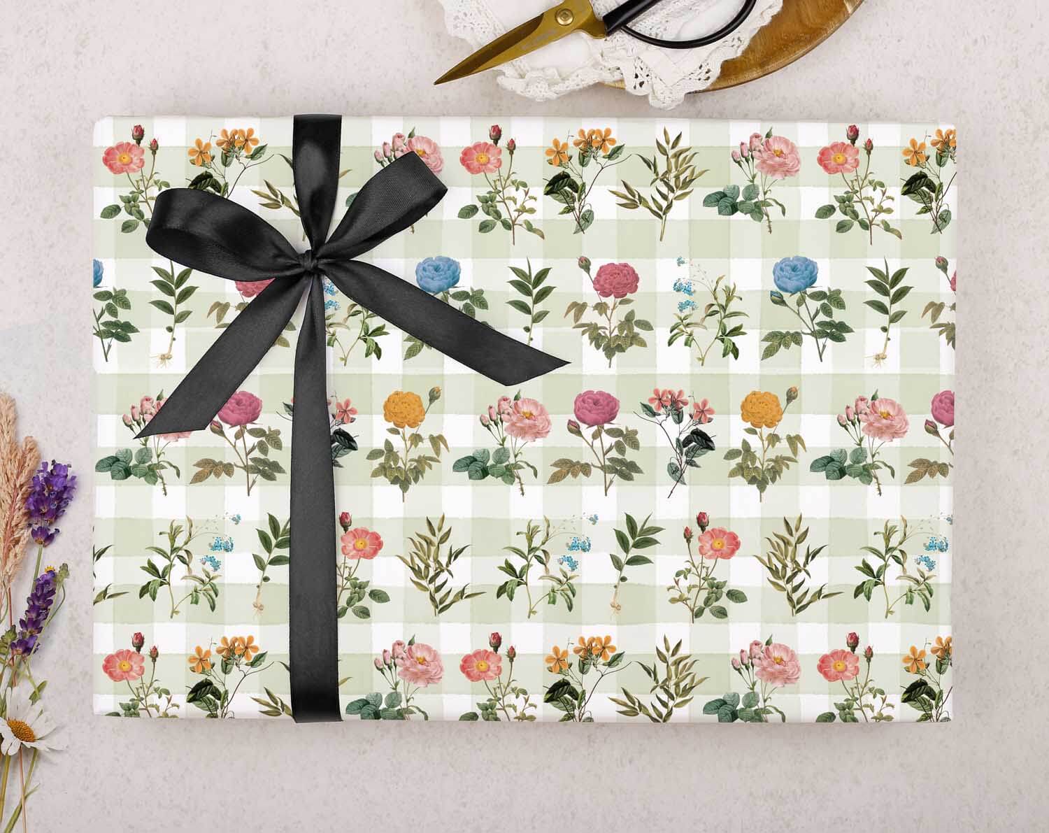 Green Gingham Floral Wrapping Paper. Wrapping Paper designed by Making Meadows