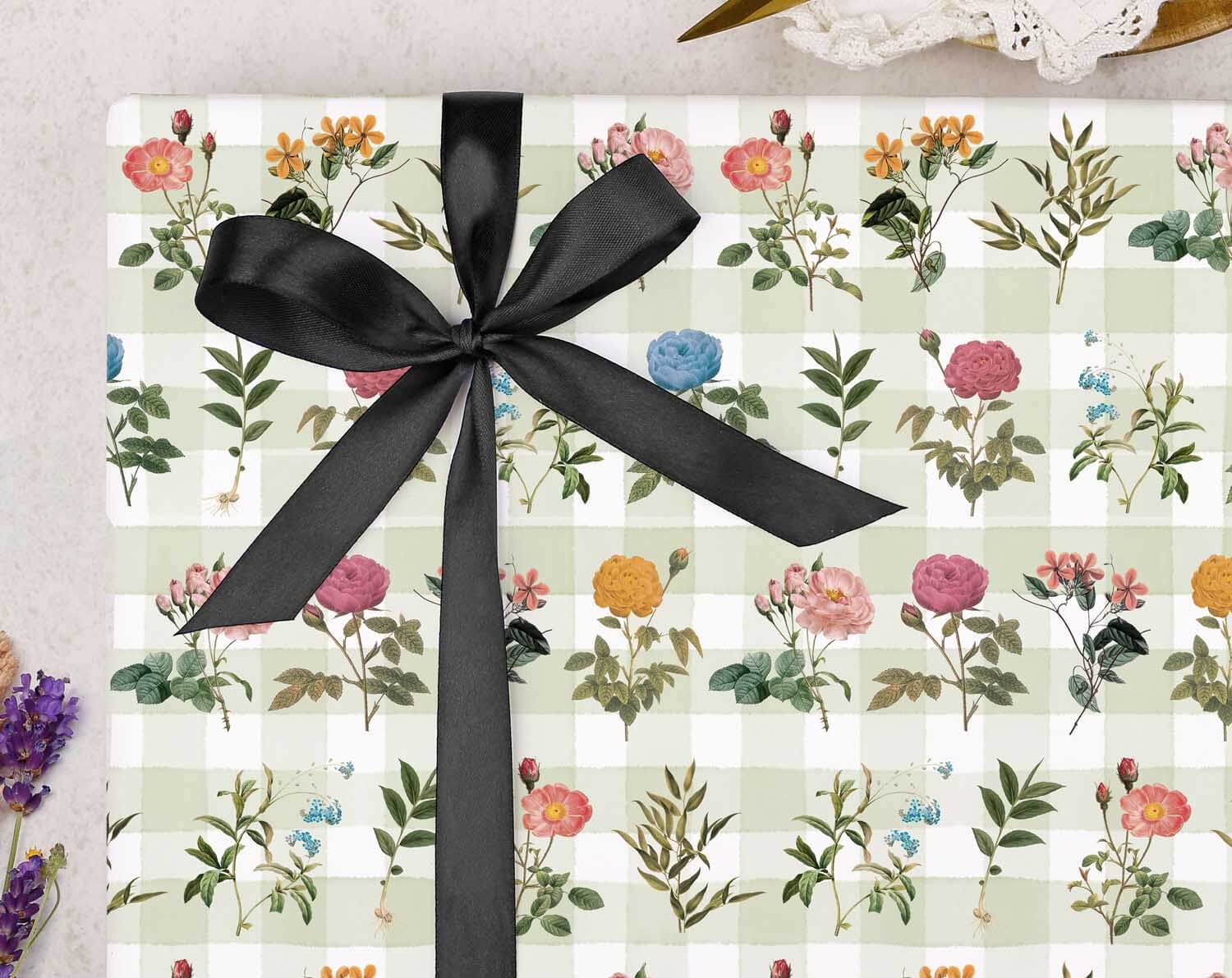 Green Gingham Floral Wrapping Paper. Wrapping Paper designed by Making Meadows