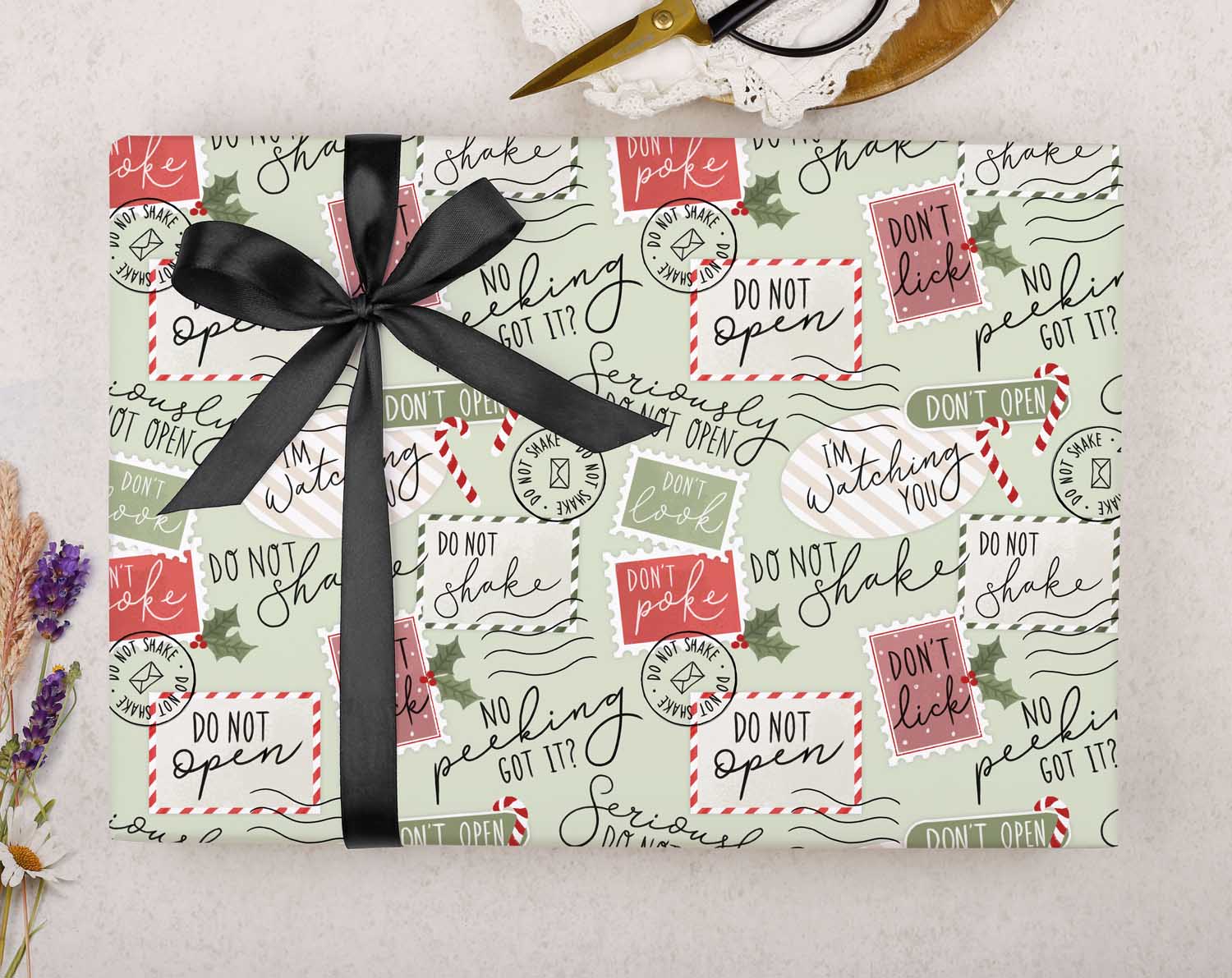 Green 'No Peeking' Christmas Wrapping Paper. Wrapping Paper designed by Making Meadows