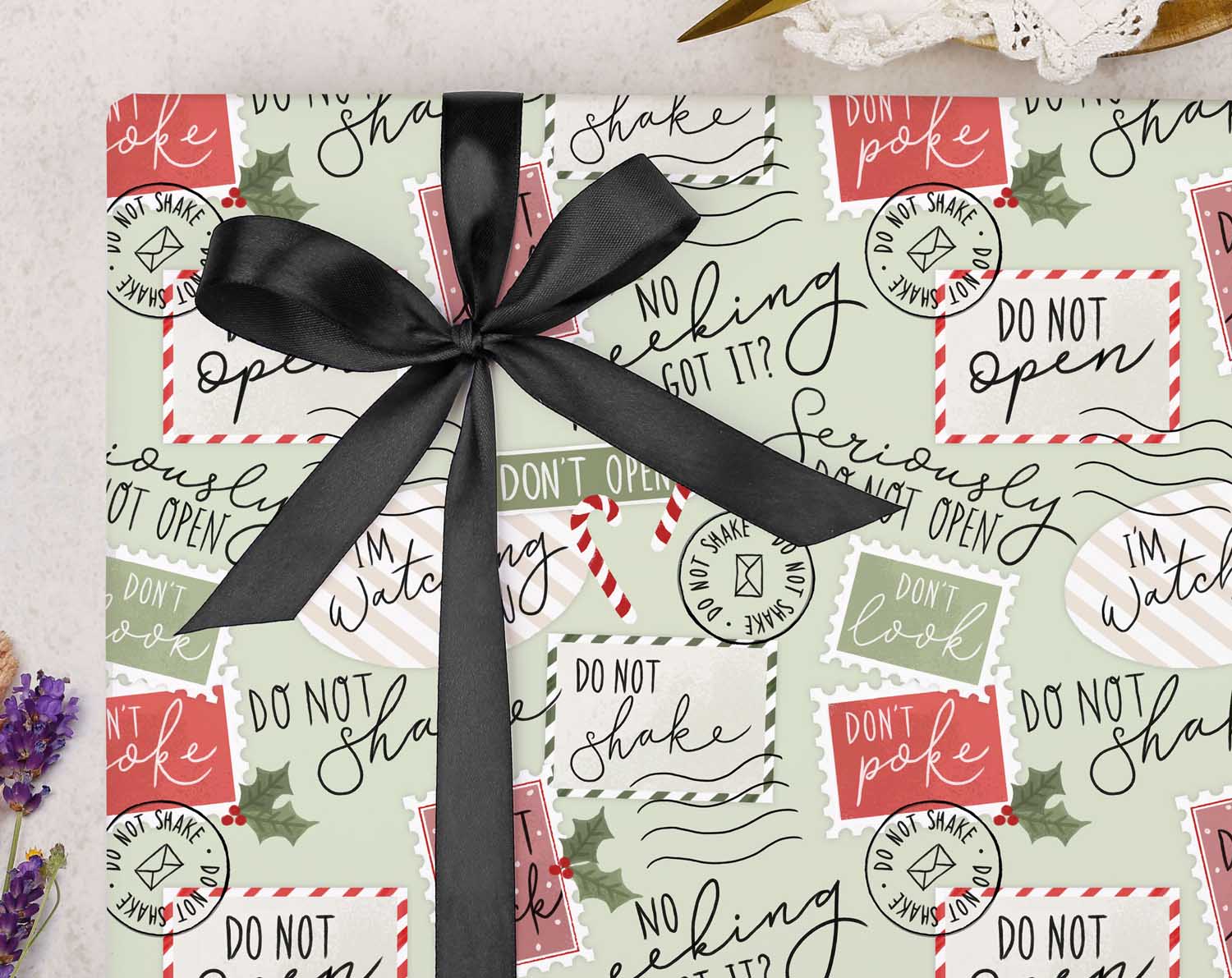 Green 'No Peeking' Christmas Wrapping Paper. Wrapping Paper designed by Making Meadows