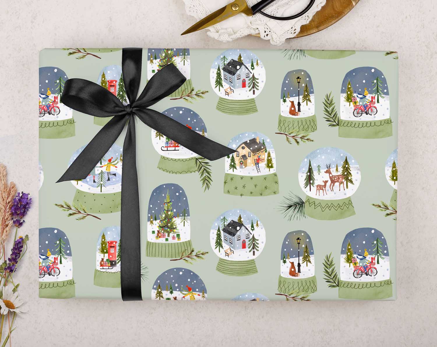 Green Snow Globe Christmas Wrapping Paper. Wrapping Paper designed by Making Meadows