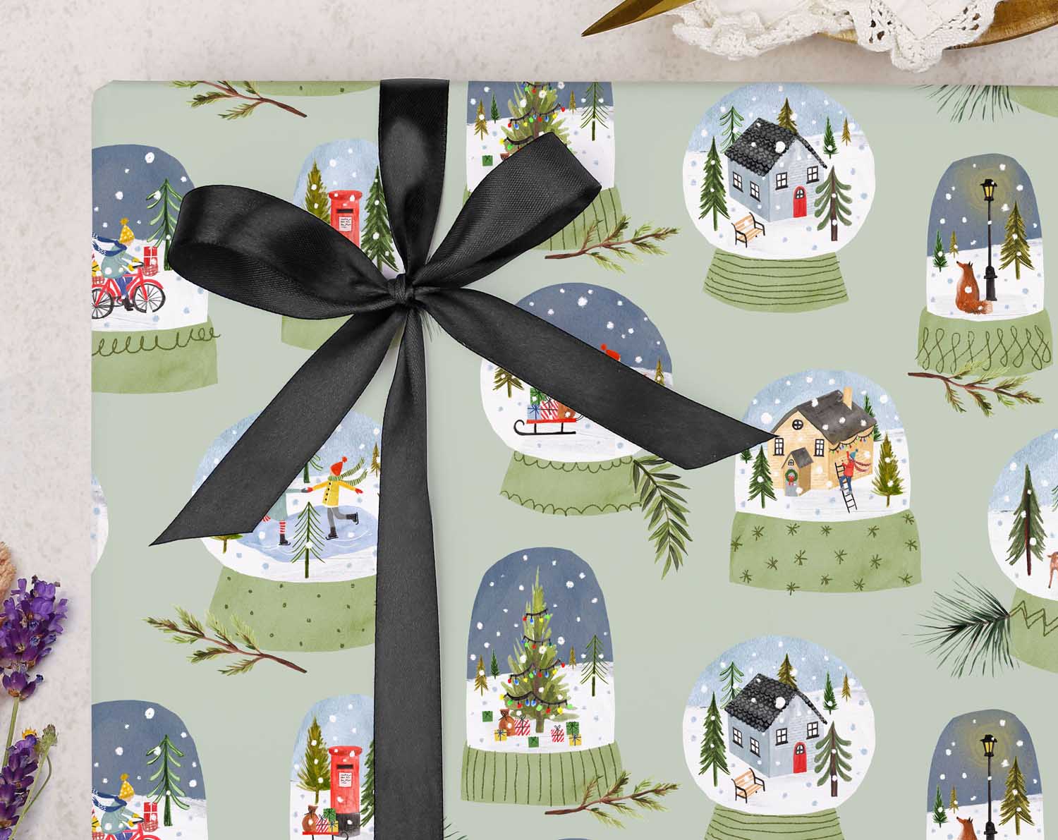 Green Snow Globe Christmas Wrapping Paper. Wrapping Paper designed by Making Meadows