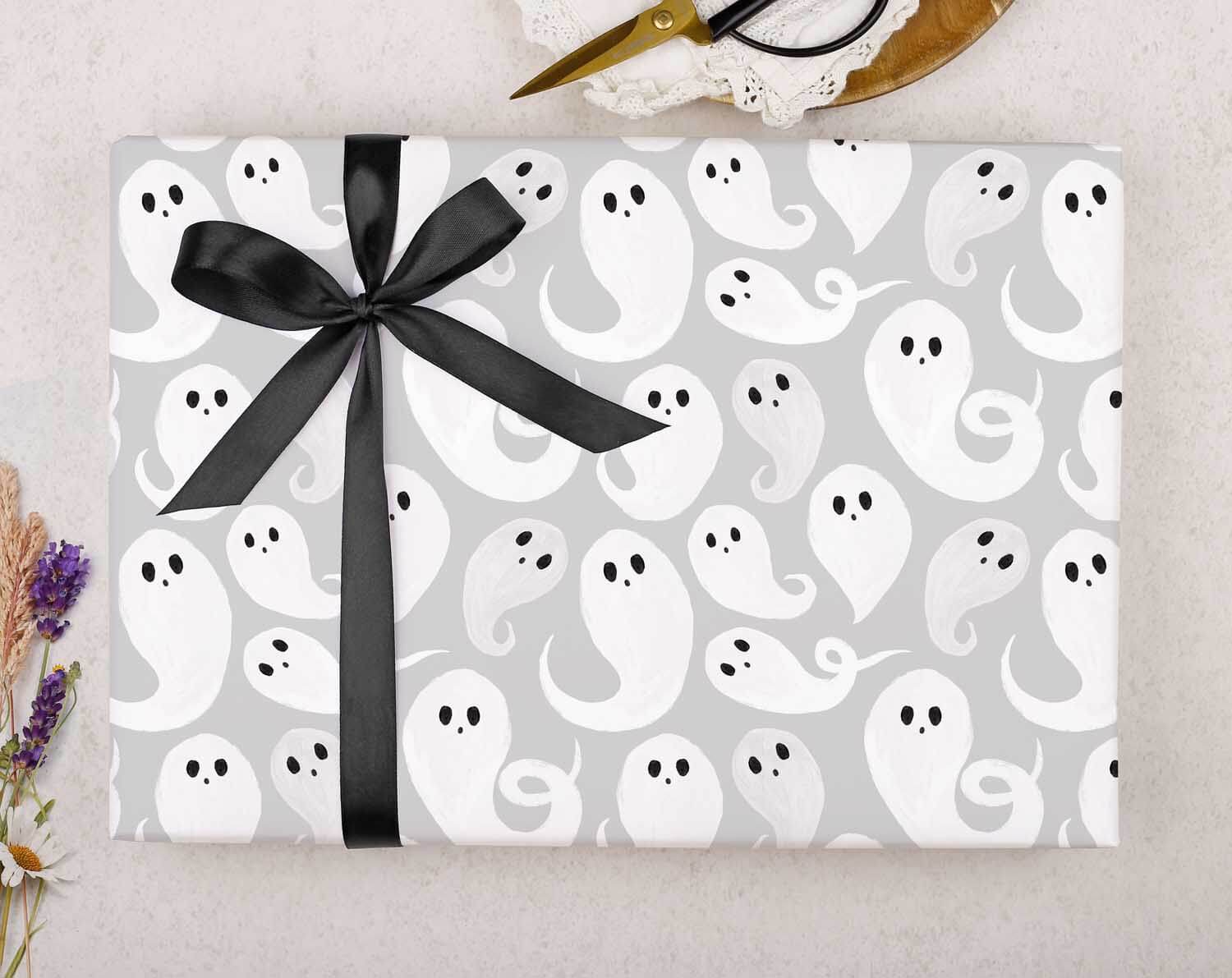 Halloween Grey Ghost Wrapping Paper. Wrapping Paper designed by Making Meadows