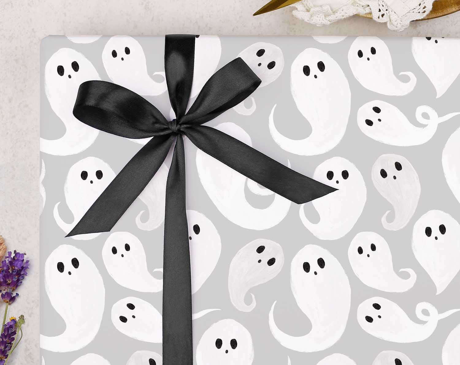 Halloween Grey Ghost Wrapping Paper. Wrapping Paper designed by Making Meadows