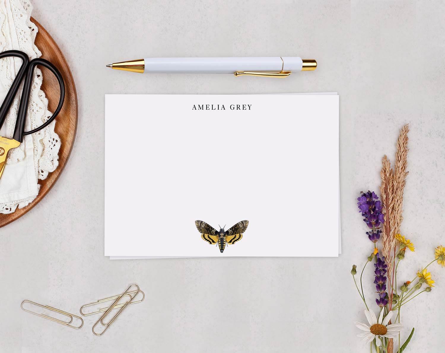 Hawk Moth Personalised Note cards featuring a striking illustration of a gothic hawk moth on elegant stationery.
