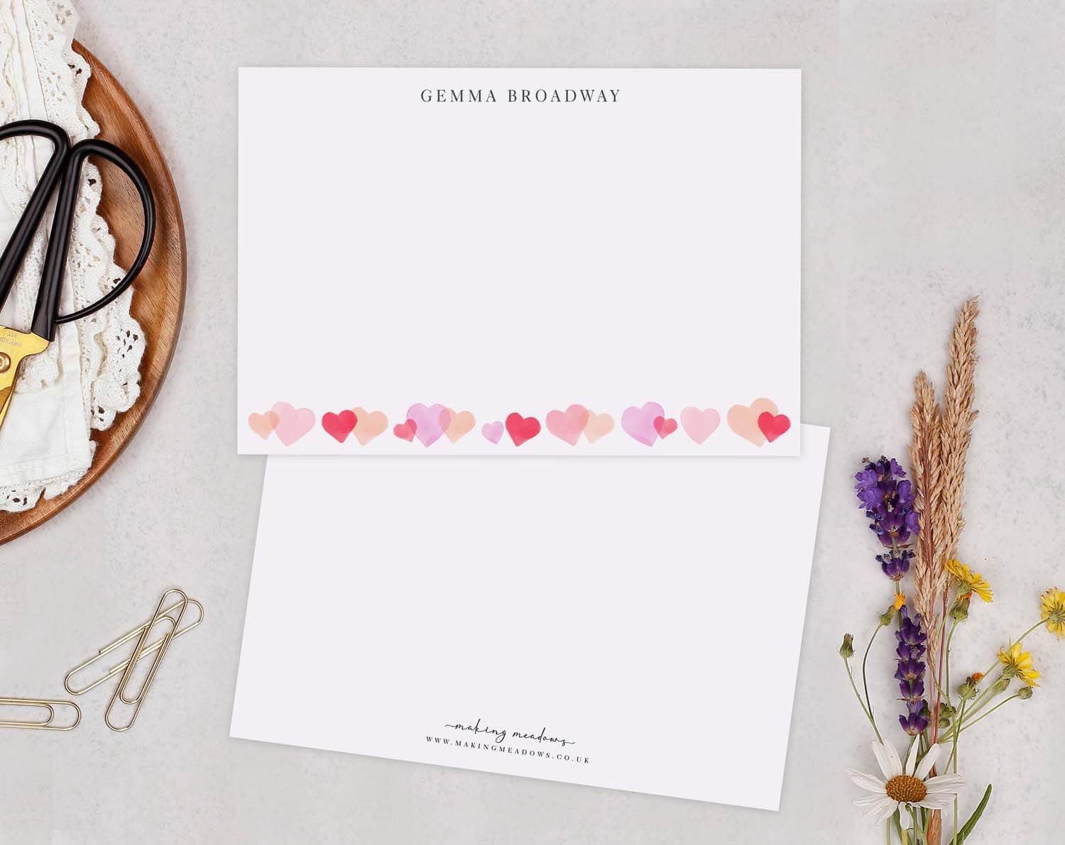 Heart Personalised Note cards featuring a charming heart illustration on a stylish stationery set.