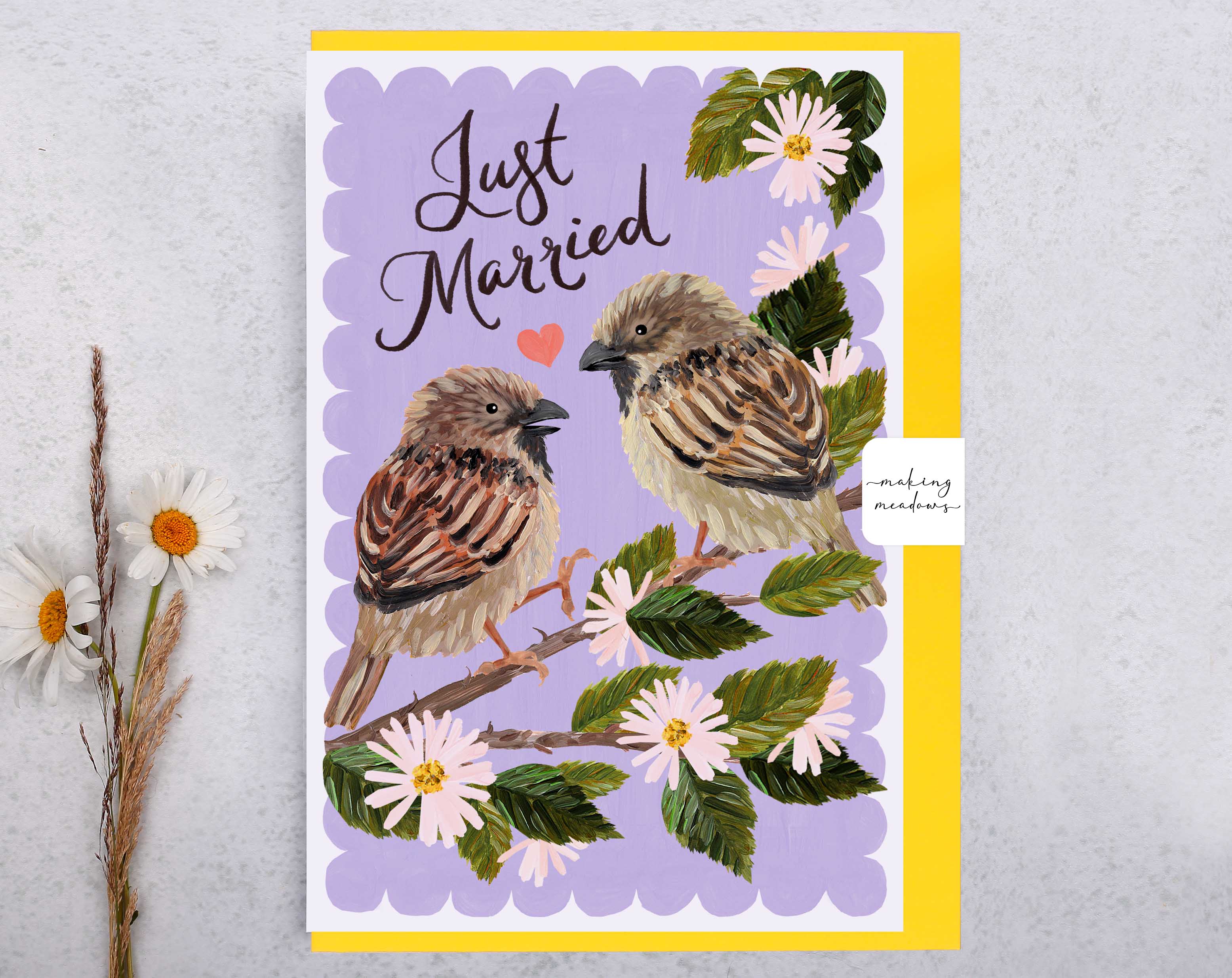 Hedgerow Sparrow Just Married Card. Greeting & Note Cards designed by Making Meadows