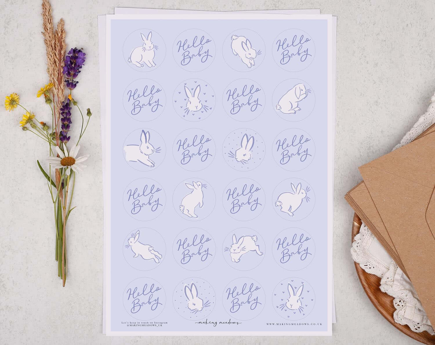 'Hello Baby' Blue Bunny Sticker Sheet. Decorative Stickers designed by Making Meadows