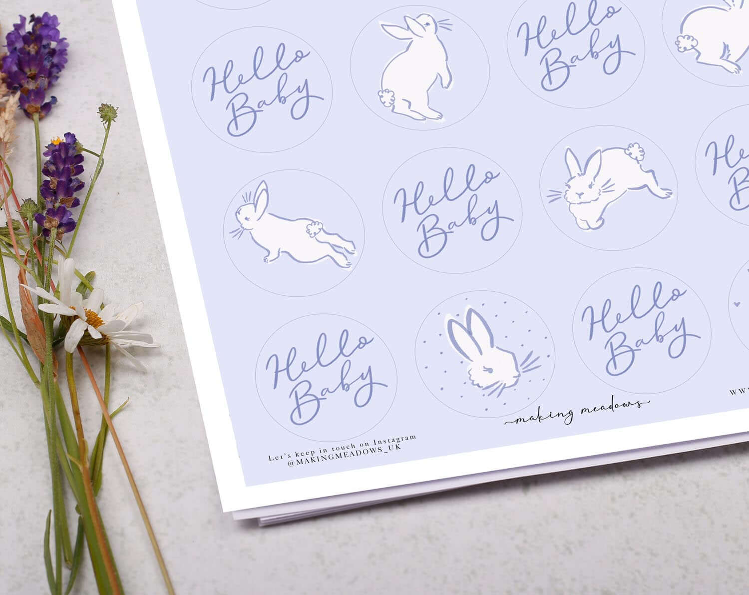 'Hello Baby' Blue Bunny Sticker Sheet. Decorative Stickers designed by Making Meadows