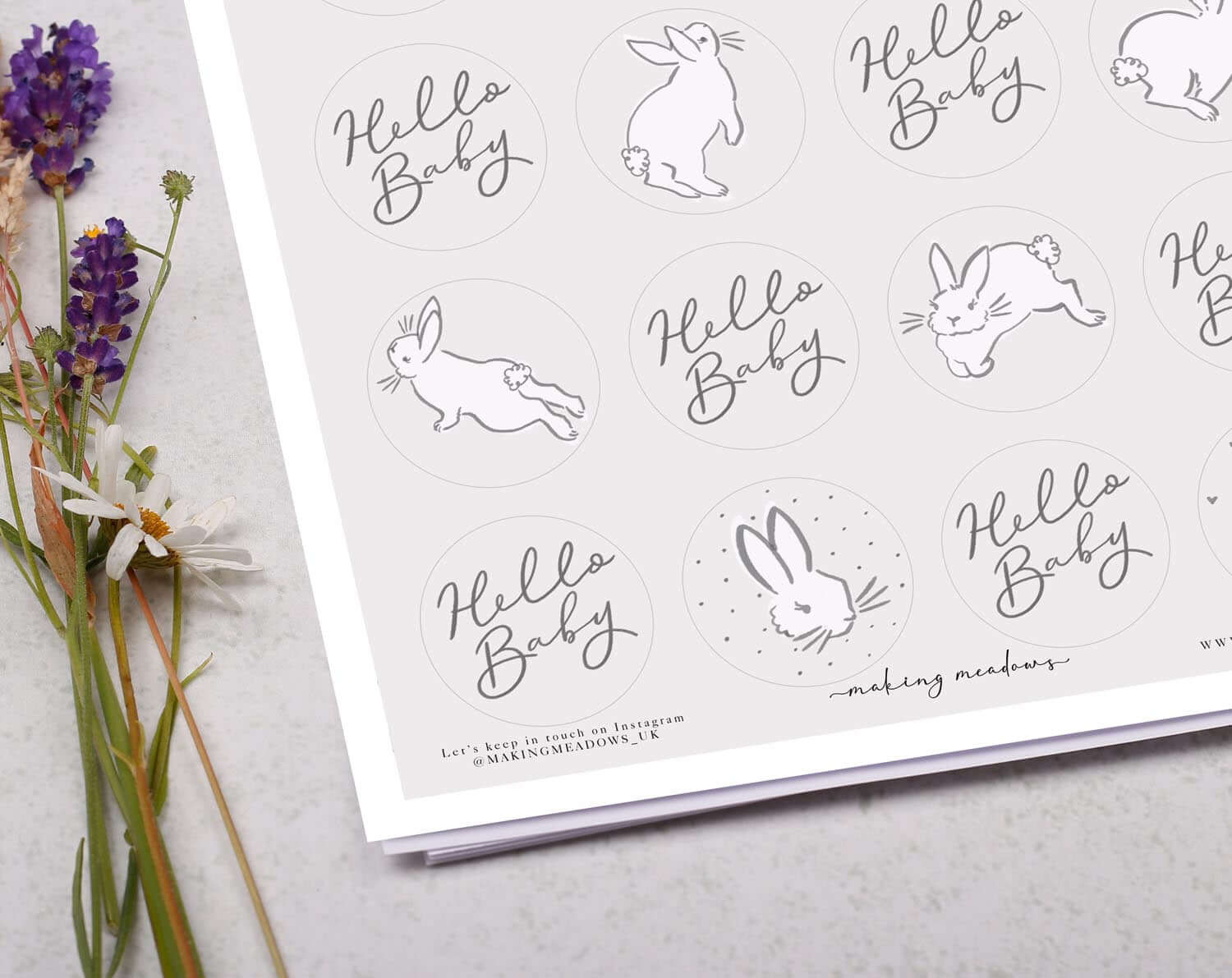 'Hello Baby' Neutral Bunny Sticker Sheet. Decorative Stickers designed by Making Meadows