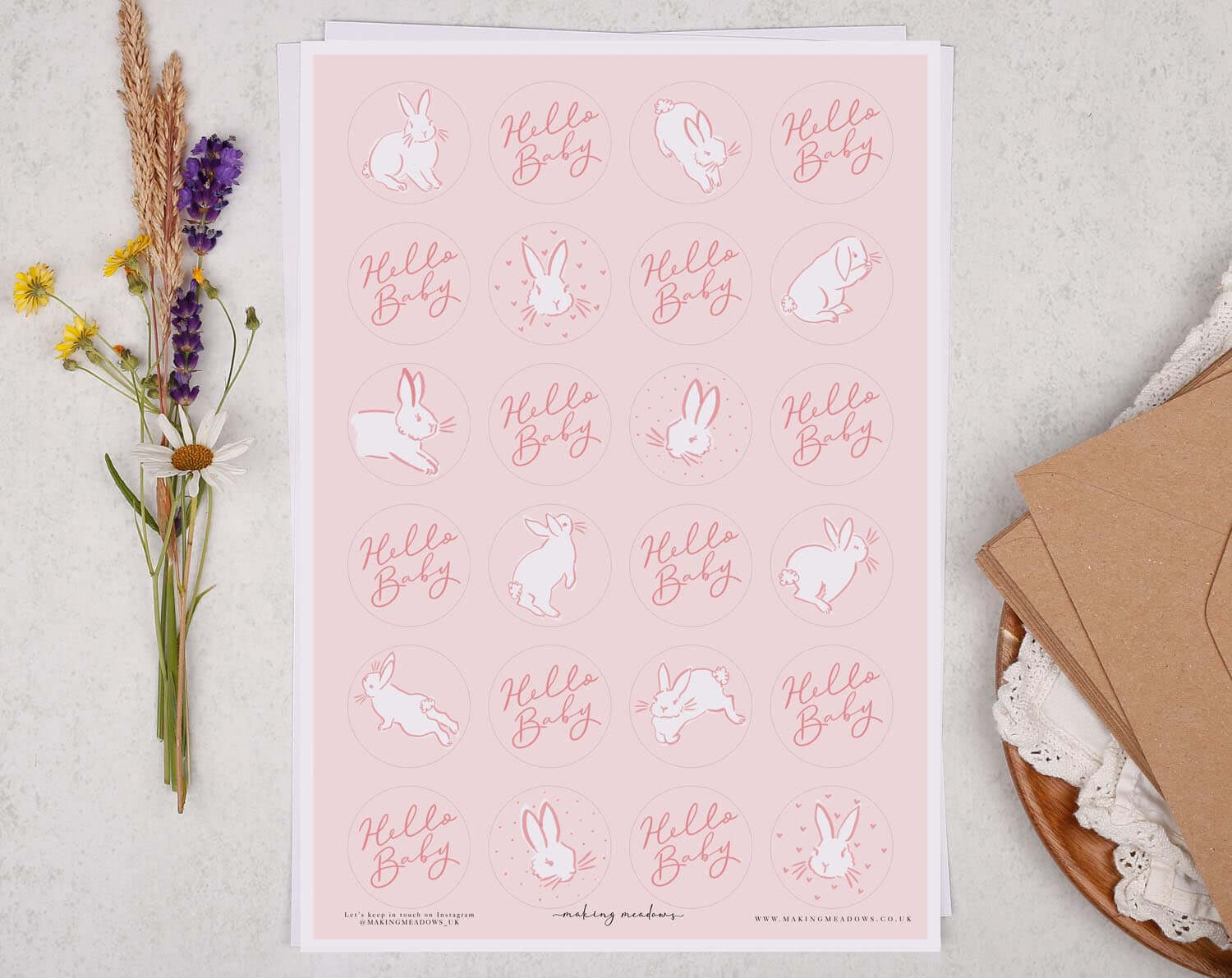 'Hello Baby' Pink Bunny Sticker Sheet. Decorative Stickers designed by Making Meadows