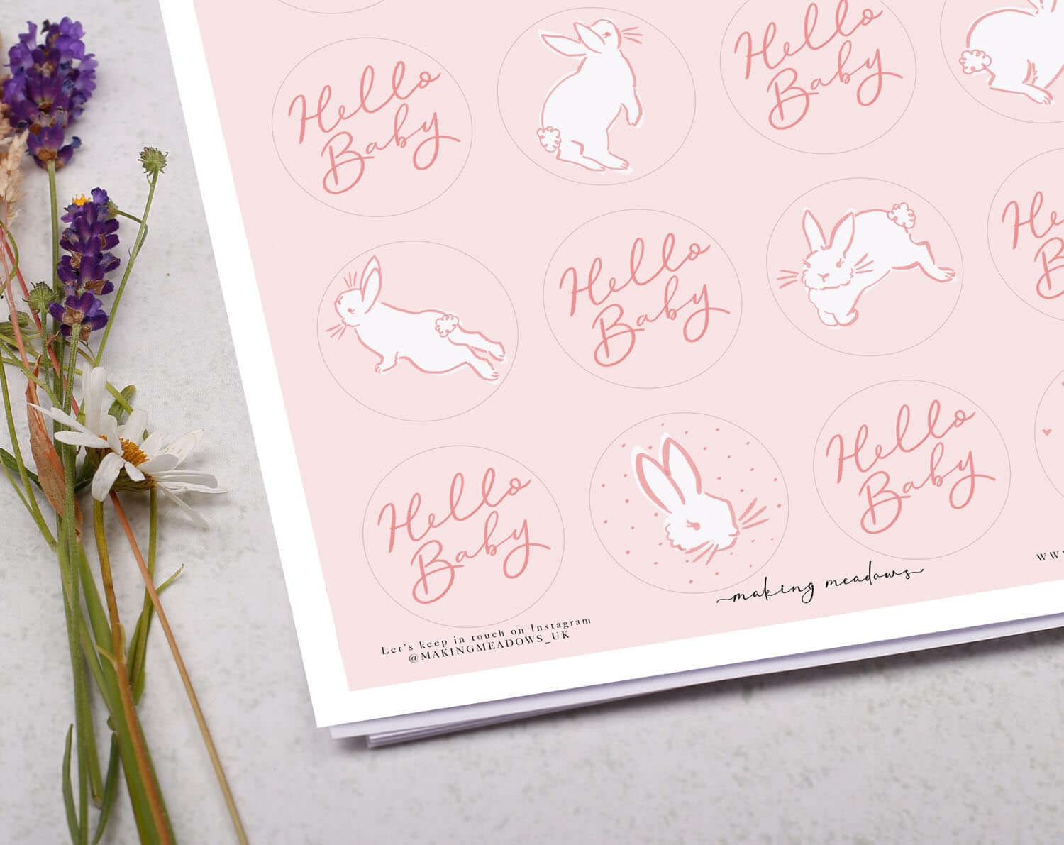 'Hello Baby' Pink Bunny Sticker Sheet. Decorative Stickers designed by Making Meadows