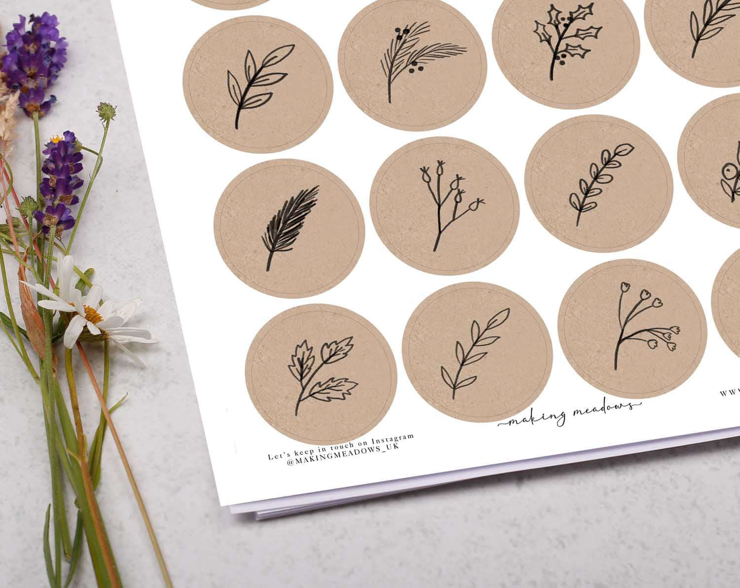 Kraft Botanical Sticker Sheet. Decorative Stickers designed by Making Meadows