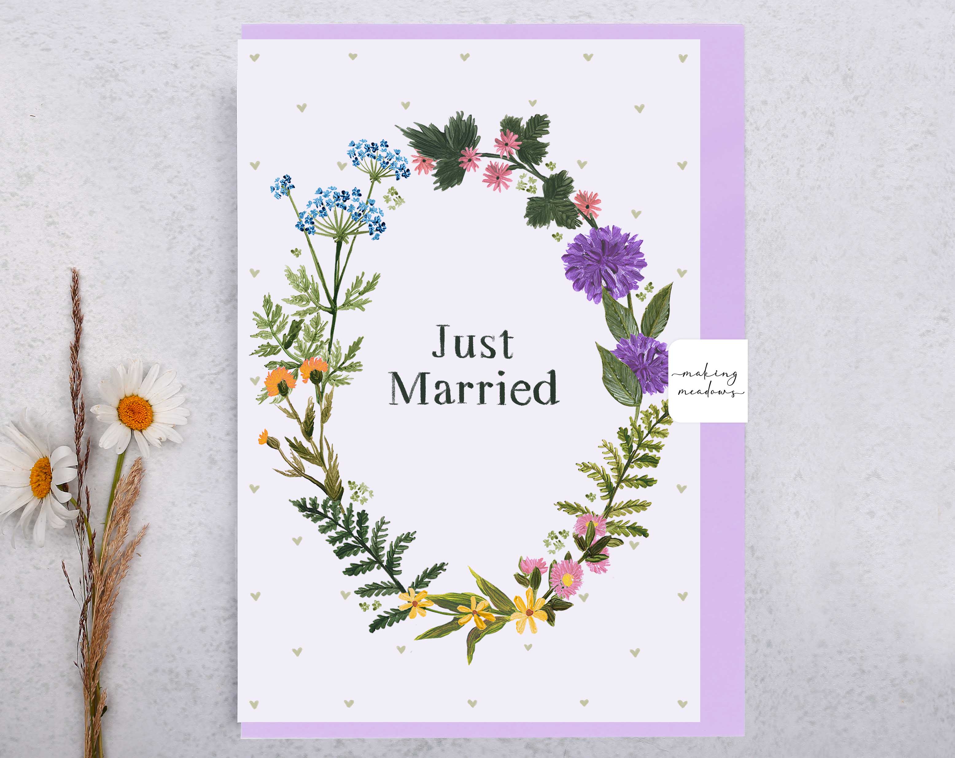 Meadow Flowers Just Married Card. Greeting & Note Cards designed by Making Meadows