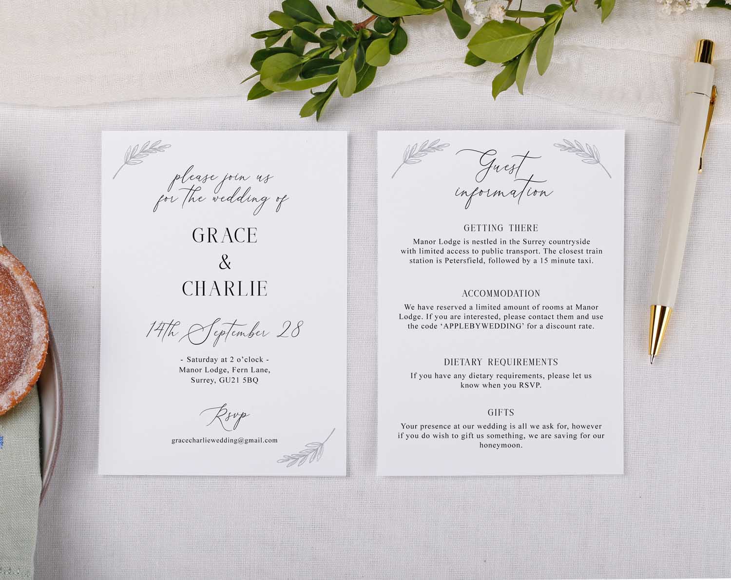 Minimalist Wedding Information Cards featuring elegant text and floral designs, perfect for sharing essential details with guests.