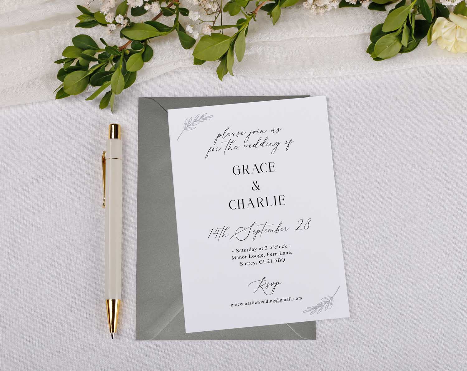 Minimalist Wedding Invitations featuring elegant design with names and details for a wedding celebration.