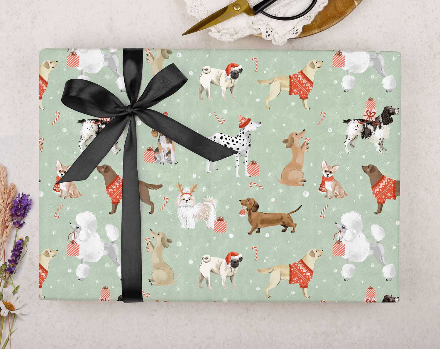 Mint Green Dog Christmas Wrapping Paper. Wrapping Paper designed by Making Meadows