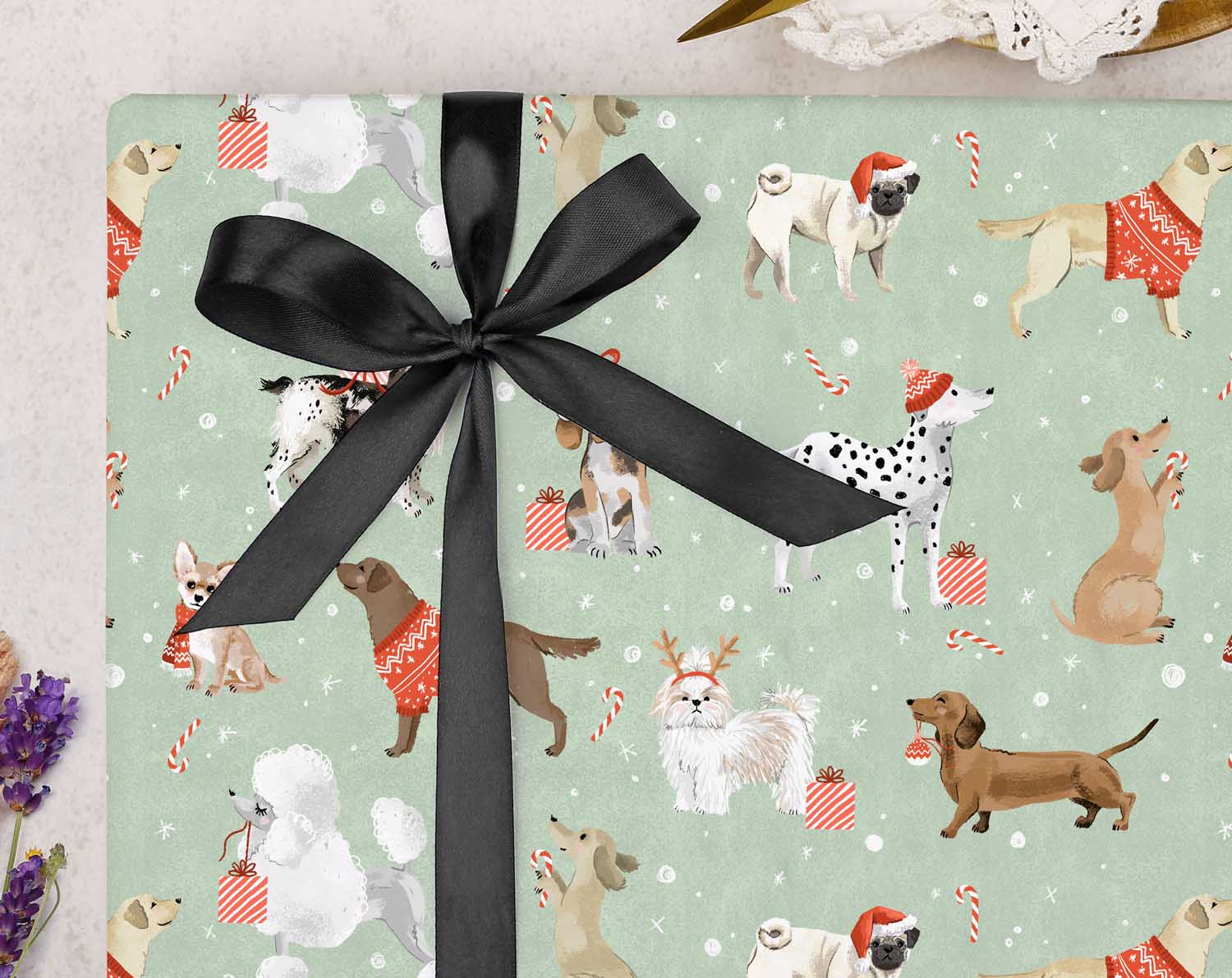 Mint Green Dog Christmas Wrapping Paper. Wrapping Paper designed by Making Meadows