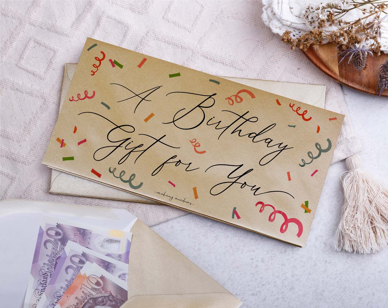 Birthday Gift Money Envelopes with colorful confetti design, featuring 'A Birthday Gift for You' text.