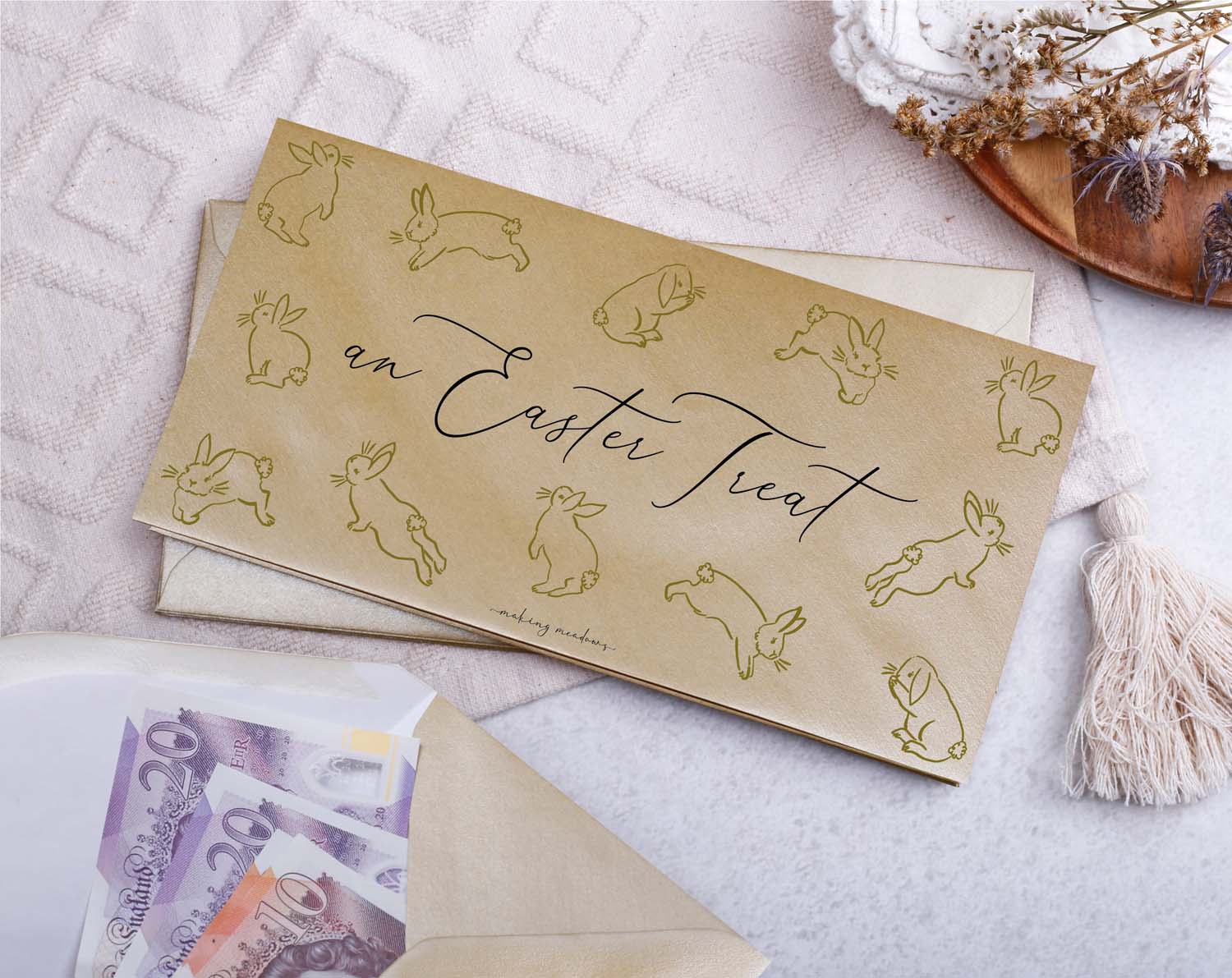 Easter Money Envelopes featuring bunny design and 'An Easter Treat' text for cash and gift cards.