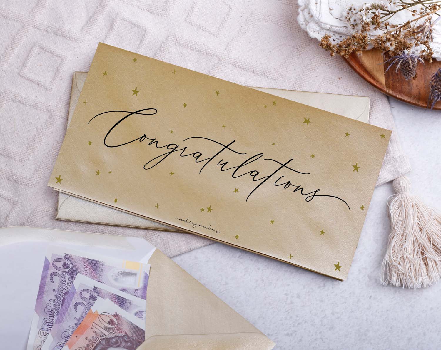 Congratulations Money Envelopes design featuring a gold star pattern and elegant script on a DL gold envelope.