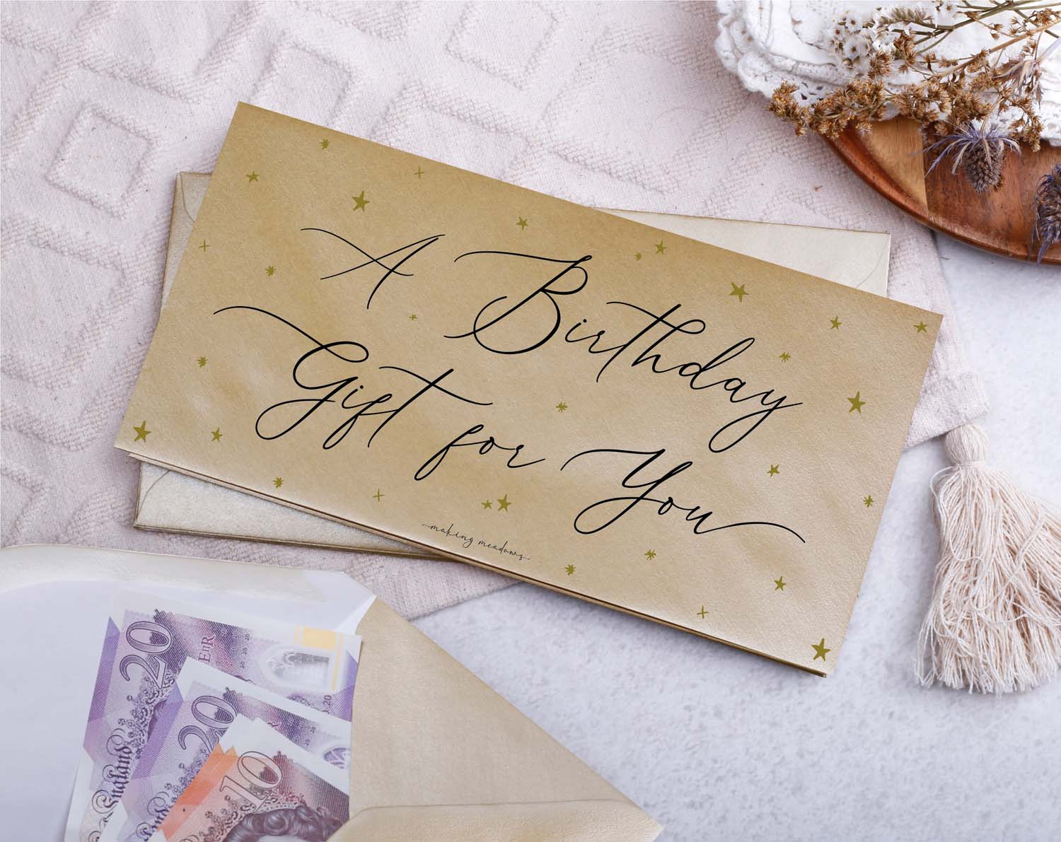 Birthday Gift Money Envelopes with stars, featuring elegant text and money inside, perfect for birthday celebrations.