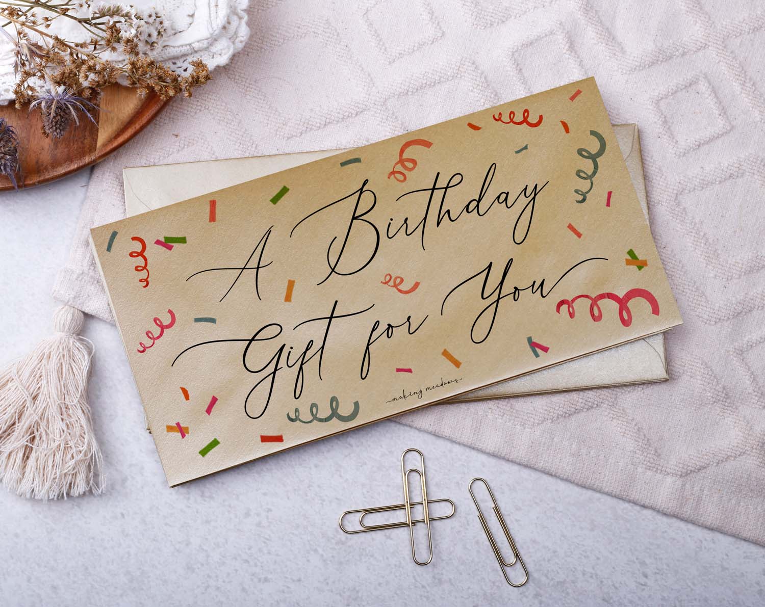 Birthday Gift Money Envelopes with confetti design featuring the words 'A Birthday Gift For You'.