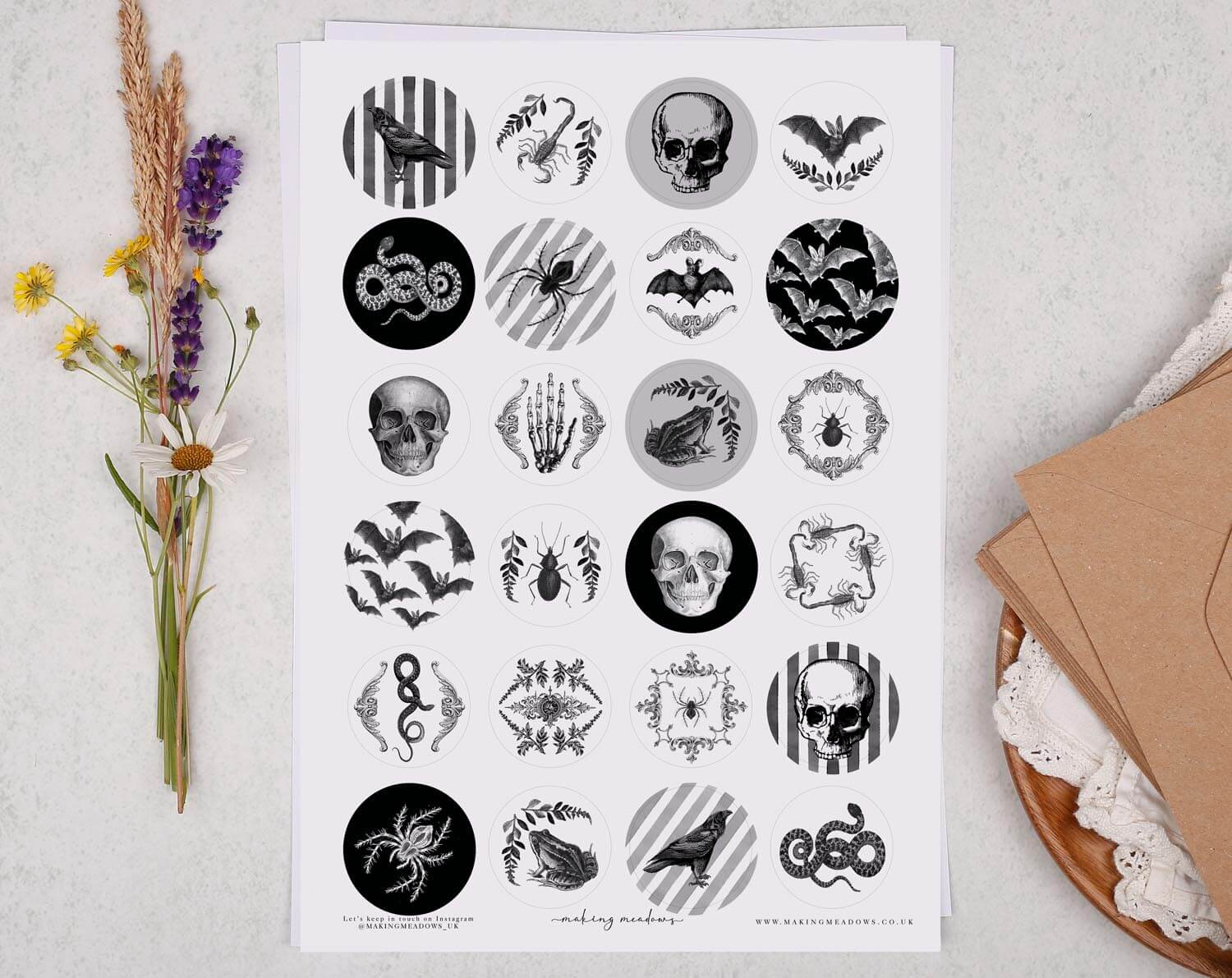 Monochrome Spooky Sticker Sheet. Decorative Stickers designed by Making Meadows