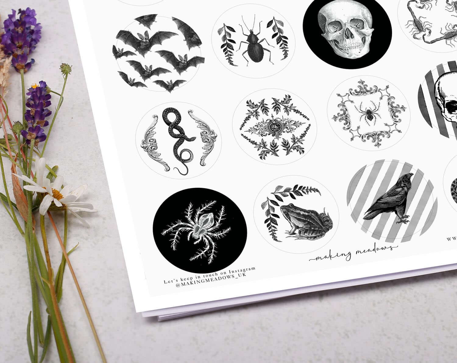 Monochrome Spooky Sticker Sheet. Decorative Stickers designed by Making Meadows