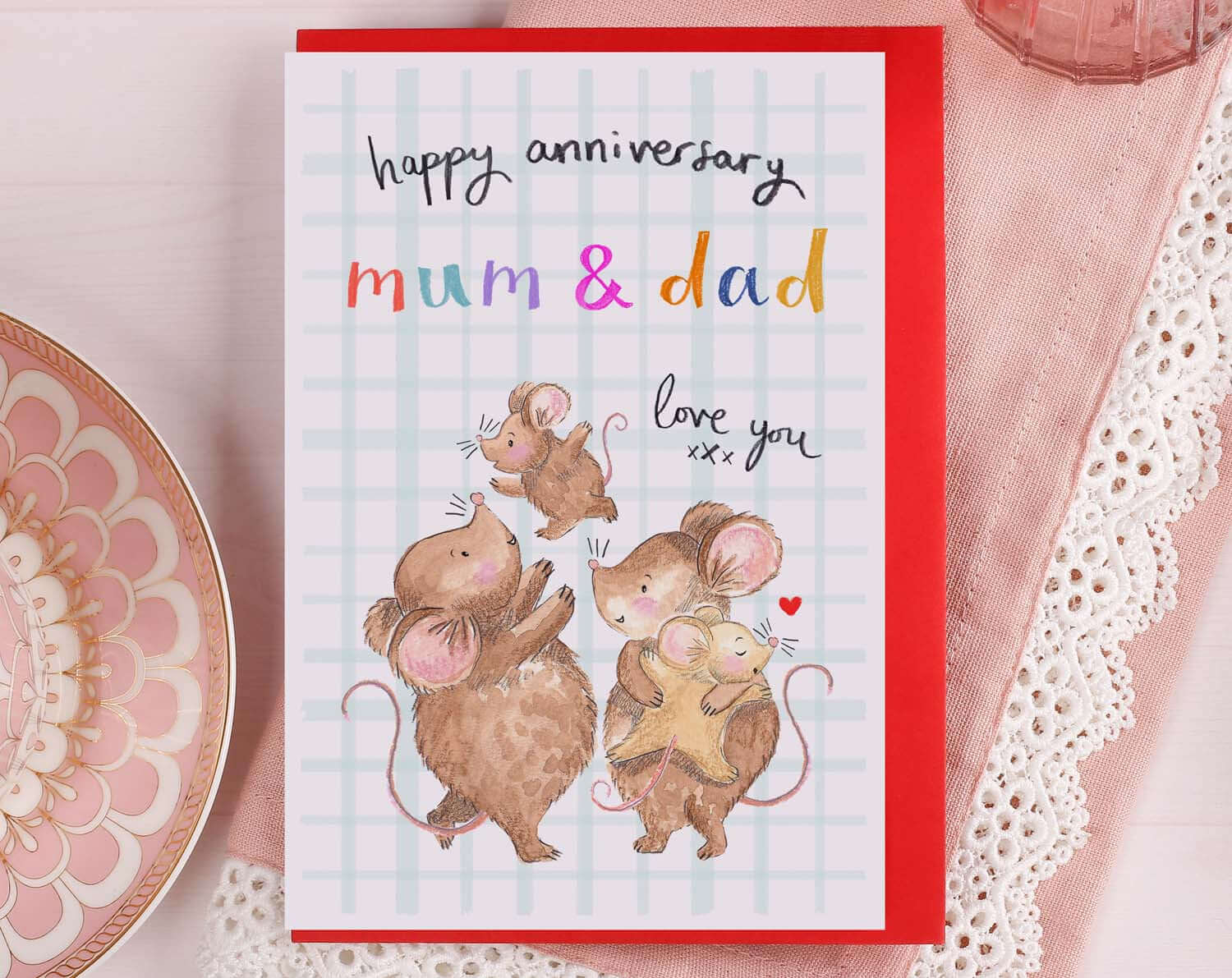 Mouse Happy Anniversary Mum & Dad Card. Greeting & Note Cards designed by Making Meadows