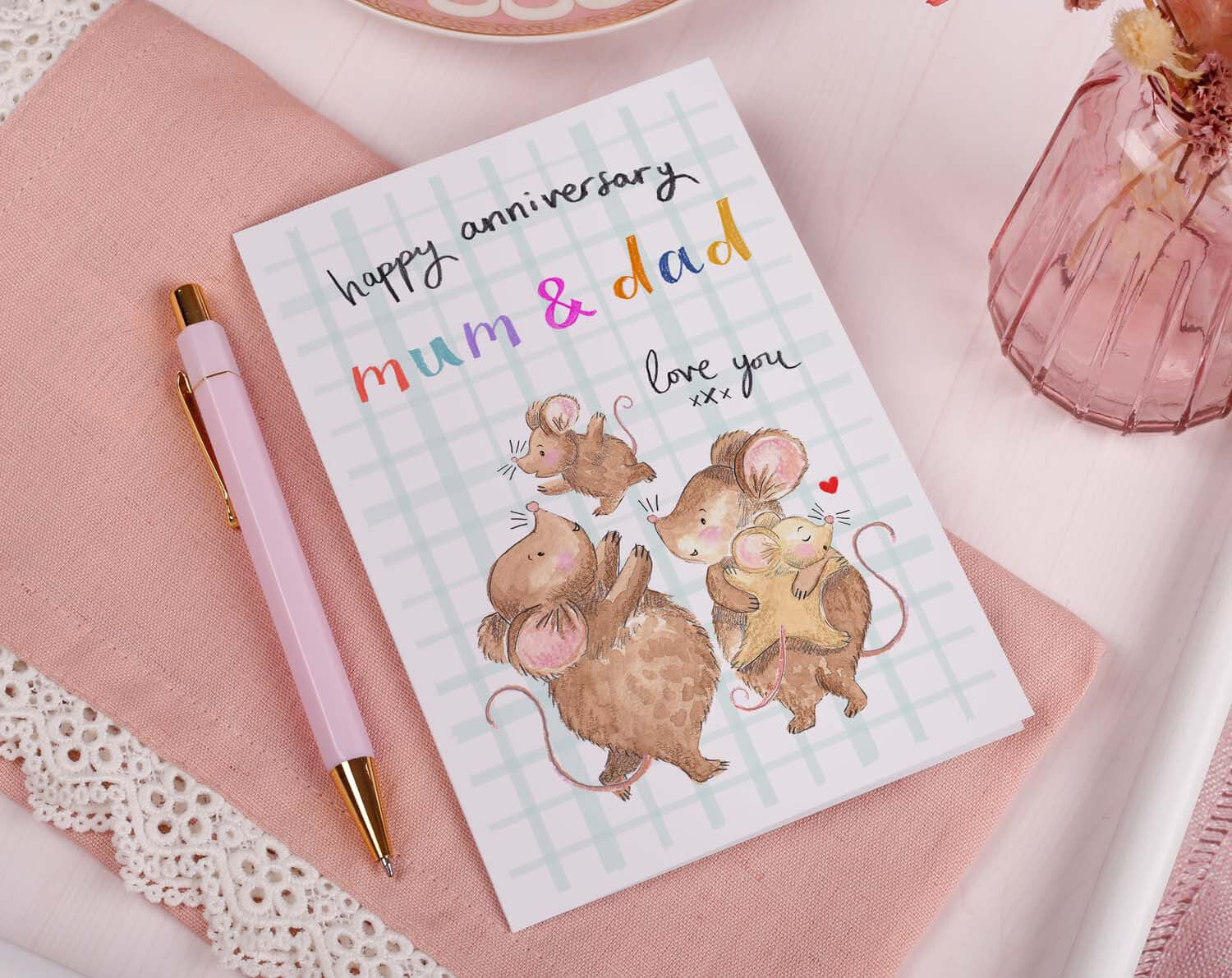 Mouse Happy Anniversary Mum & Dad Card. Greeting & Note Cards designed by Making Meadows