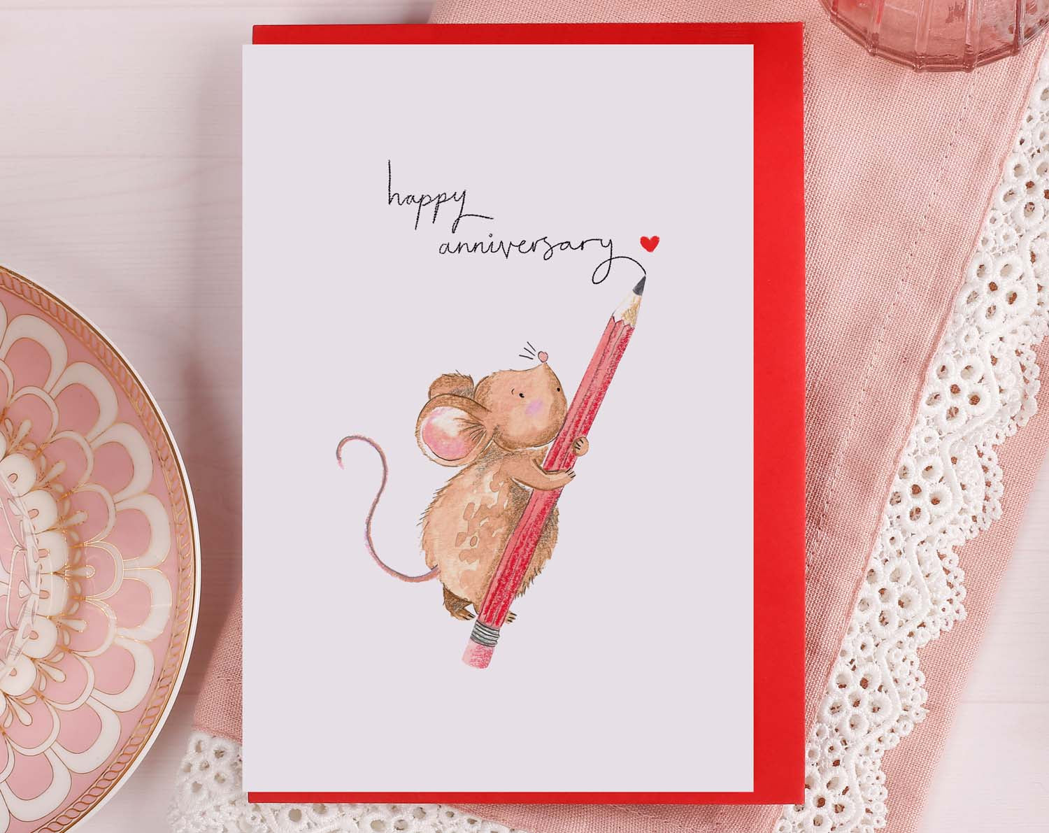 Mouse With Pencil Anniversary Card. Greeting & Note Cards designed by Making Meadows