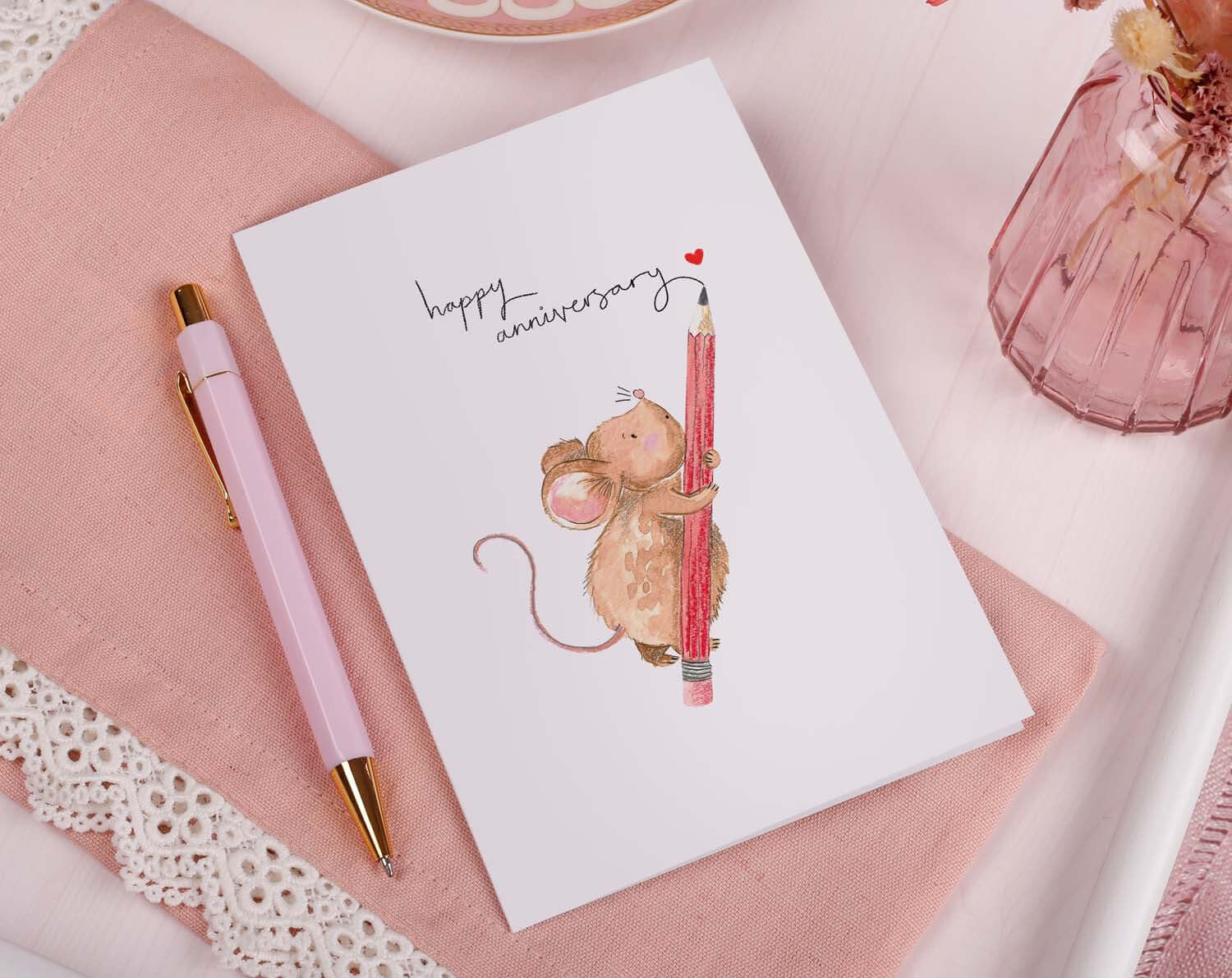 Mouse With Pencil Anniversary Card. Greeting & Note Cards designed by Making Meadows