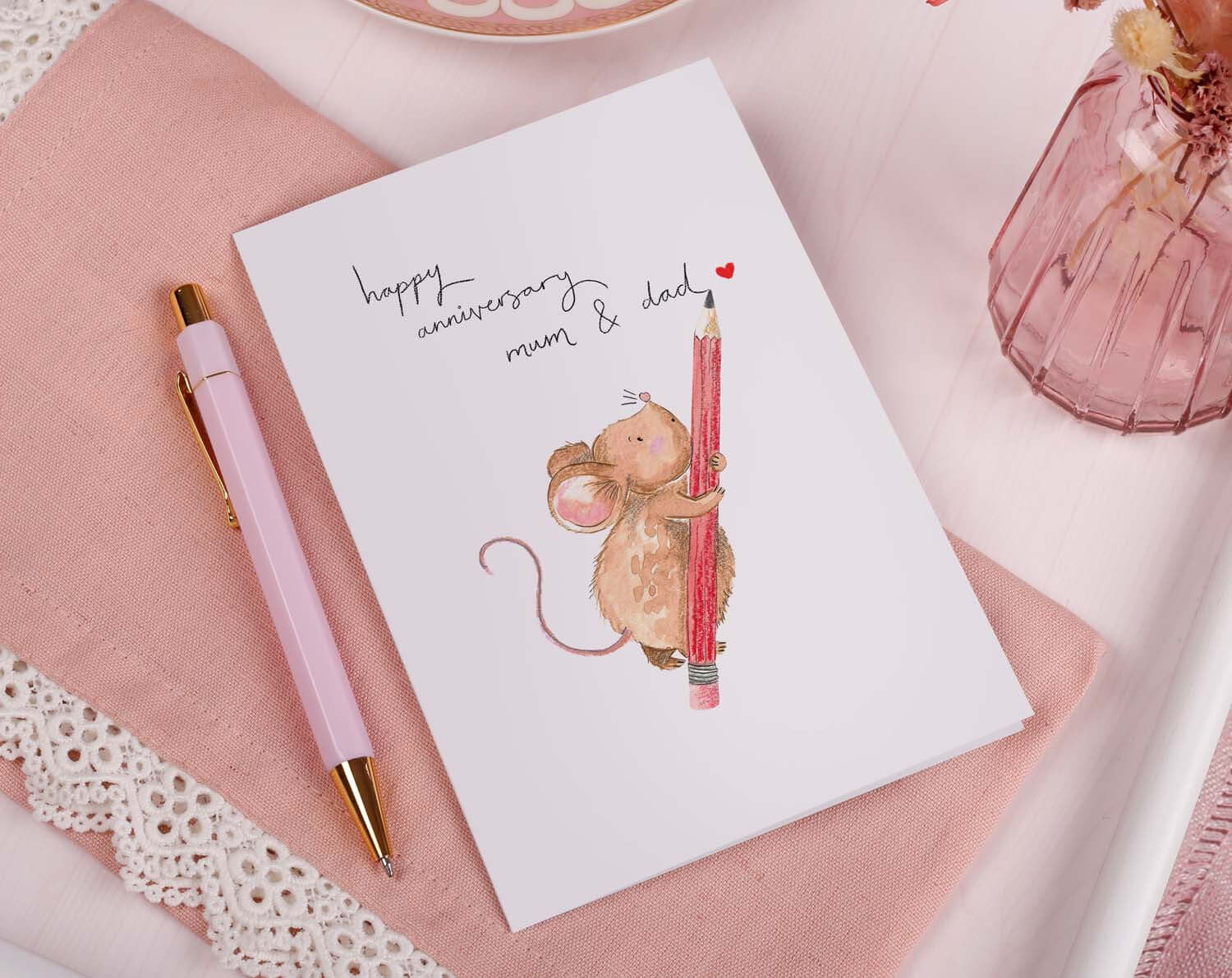 Mouse With Pencil Valentine Card. Greeting & Note Cards designed by Making Meadows