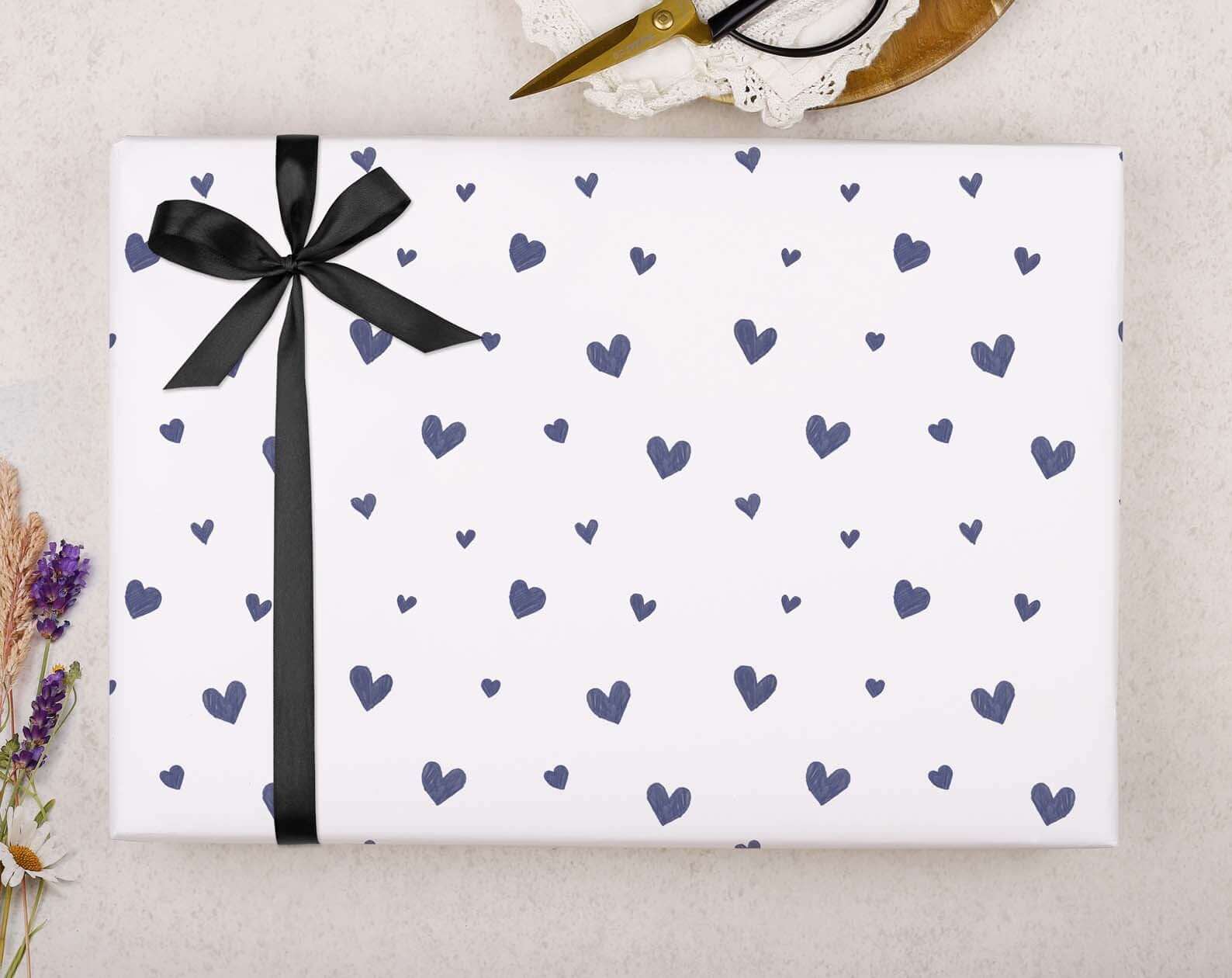 Navy Blue Heart Valentine Wrapping Paper. Wrapping Paper designed by Making Meadows