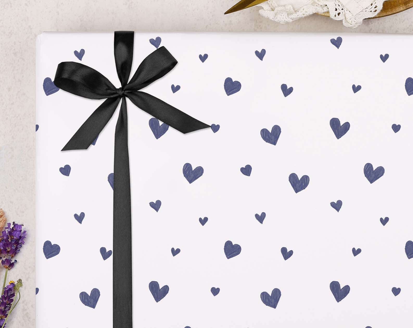 Navy Blue Heart Valentine Wrapping Paper. Wrapping Paper designed by Making Meadows