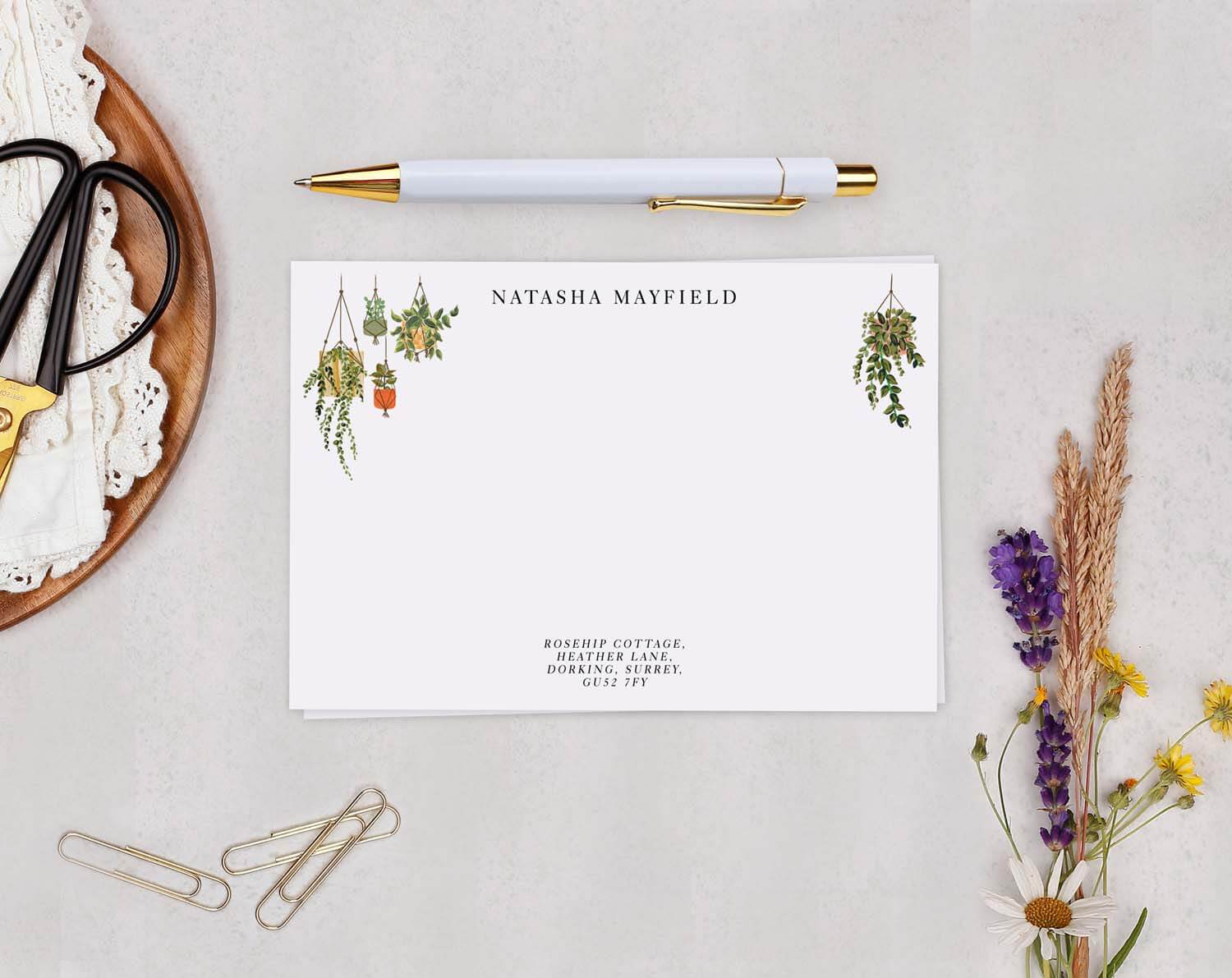 Plants Personalised Note cards featuring lush plant illustrations and custom name on elegant stationery set.