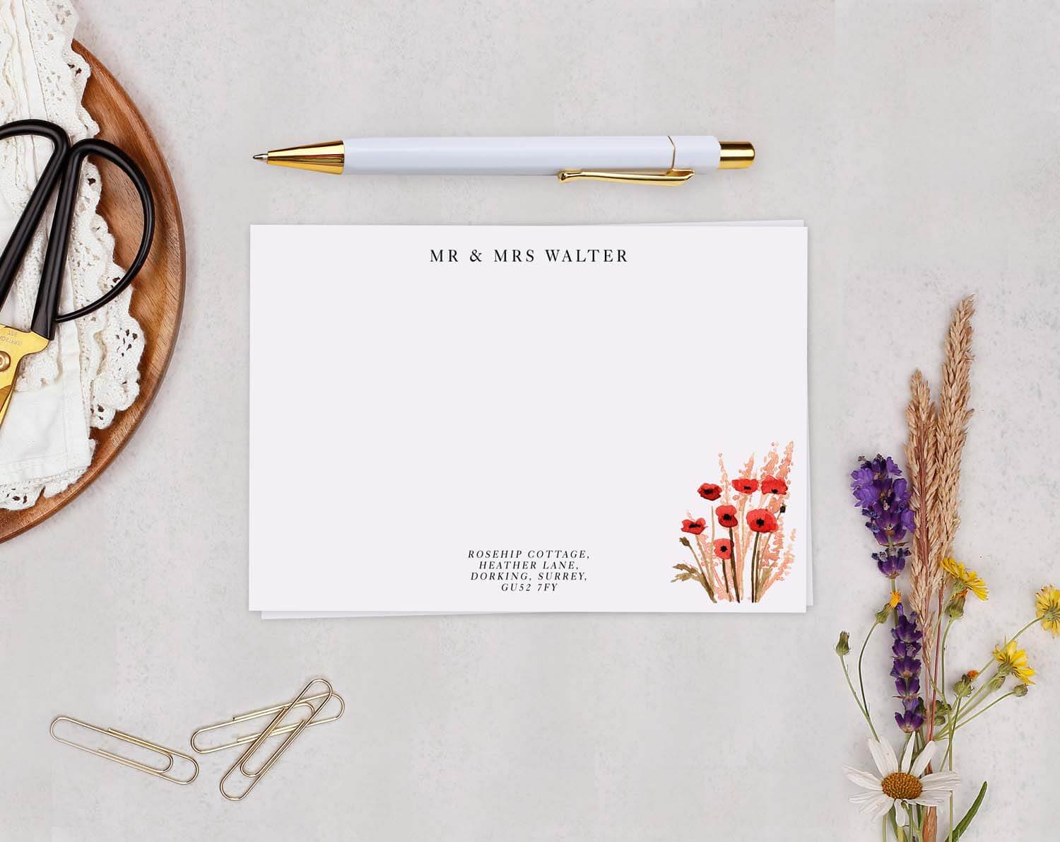 Poppy Personalised Note Cards featuring red poppy illustrations on elegant stationery set.