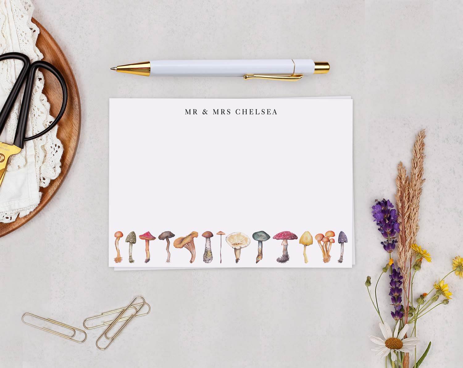 Mushroom Personalised Note cards with illustrated mushrooms on a stationery set featuring MR & MRS CHELSEA.