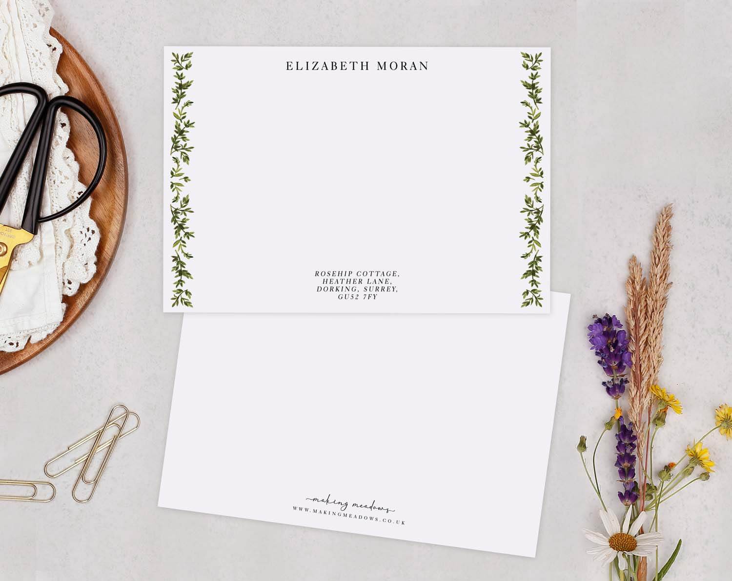 Greenery Personalised Note cards featuring elegant leafy design for nature-inspired stationery.