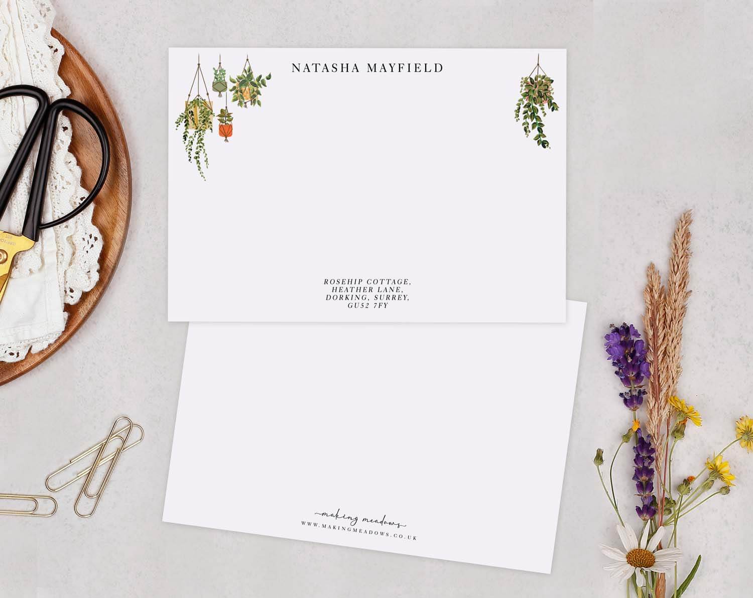 Plants Personalised Note cards featuring elegant plant illustrations in a stationery set, perfect for personalized messages.