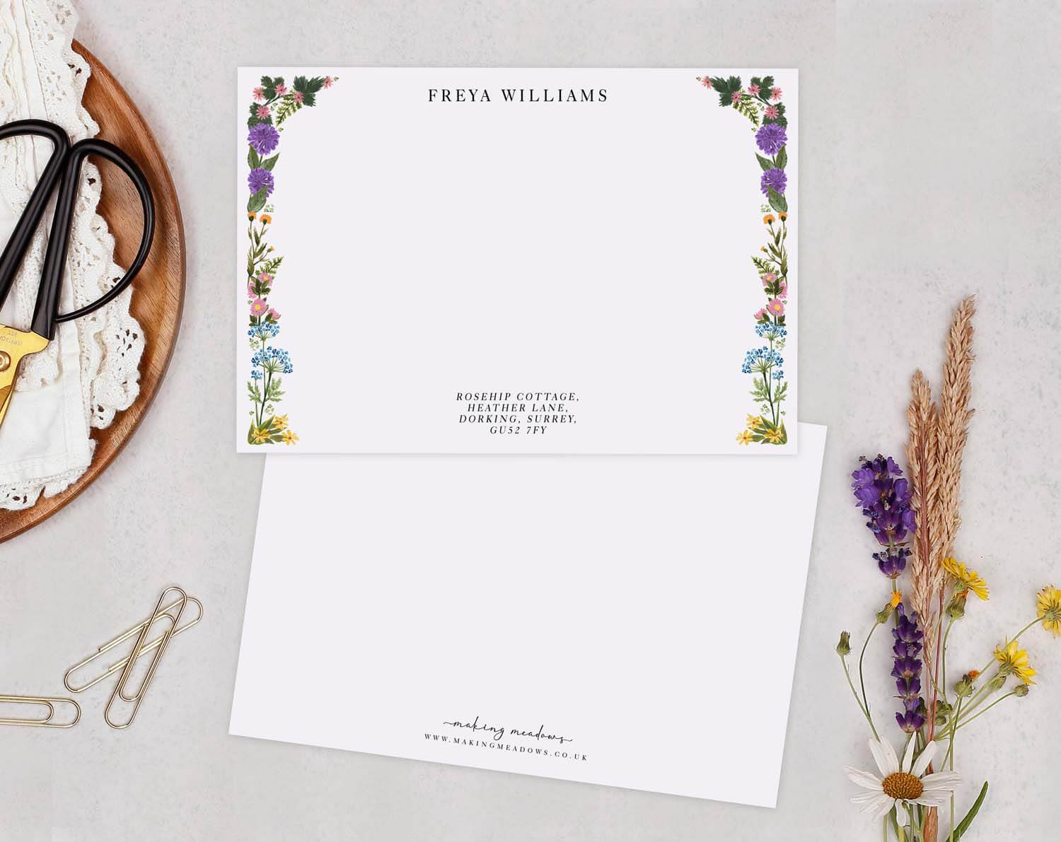 Flowers Personalised Note cards with vibrant floral designs and customizable name at the top.