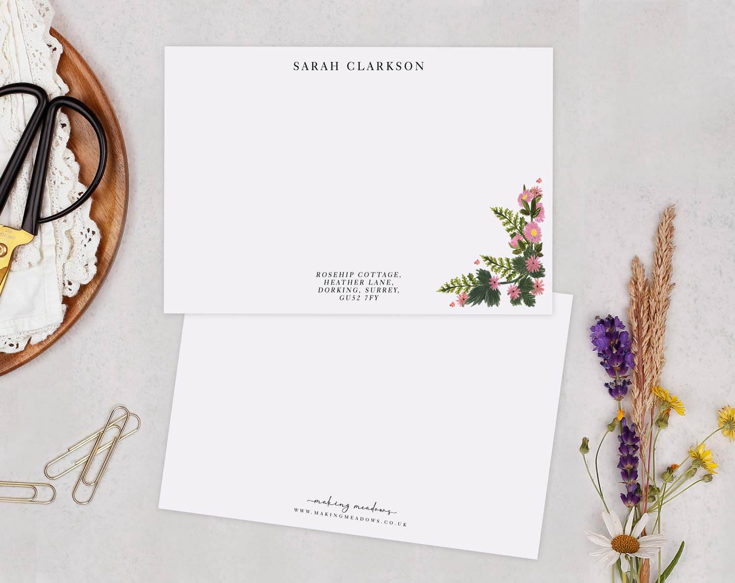 Pink Floral Personalised Note cards with hand-painted floral design and elegant typography.