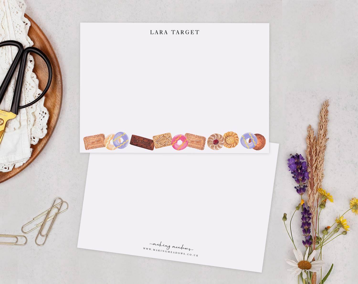 Biscuit Personalised Note Cards featuring charming biscuit illustrations on stationery set.