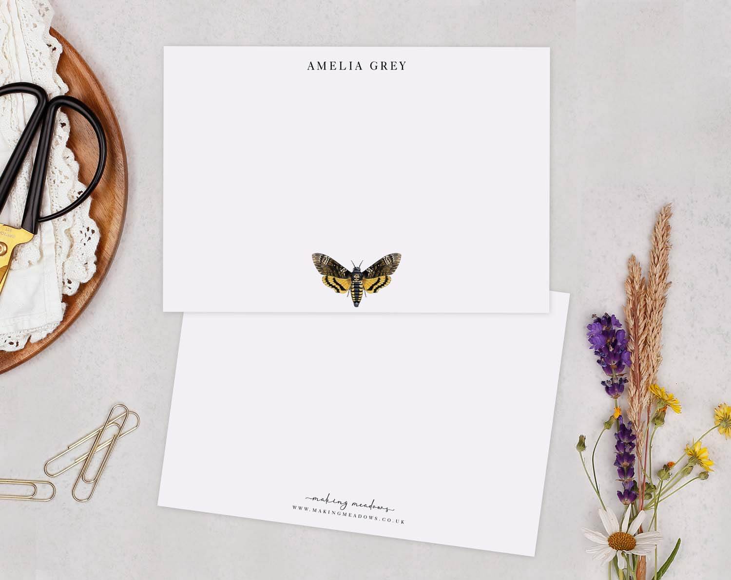 Hawk Moth Personalised Note cards featuring a gothic hawk moth illustration on elegant stationery.
