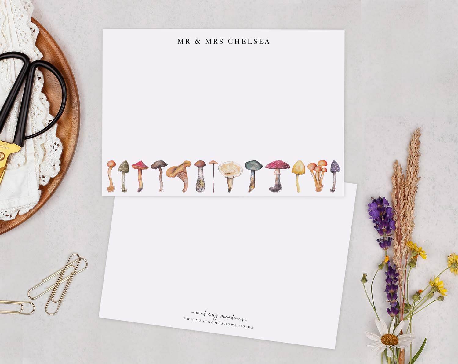 Mushroom Personalised Note cards with whimsical hand-illustrated mushrooms for unique stationery.