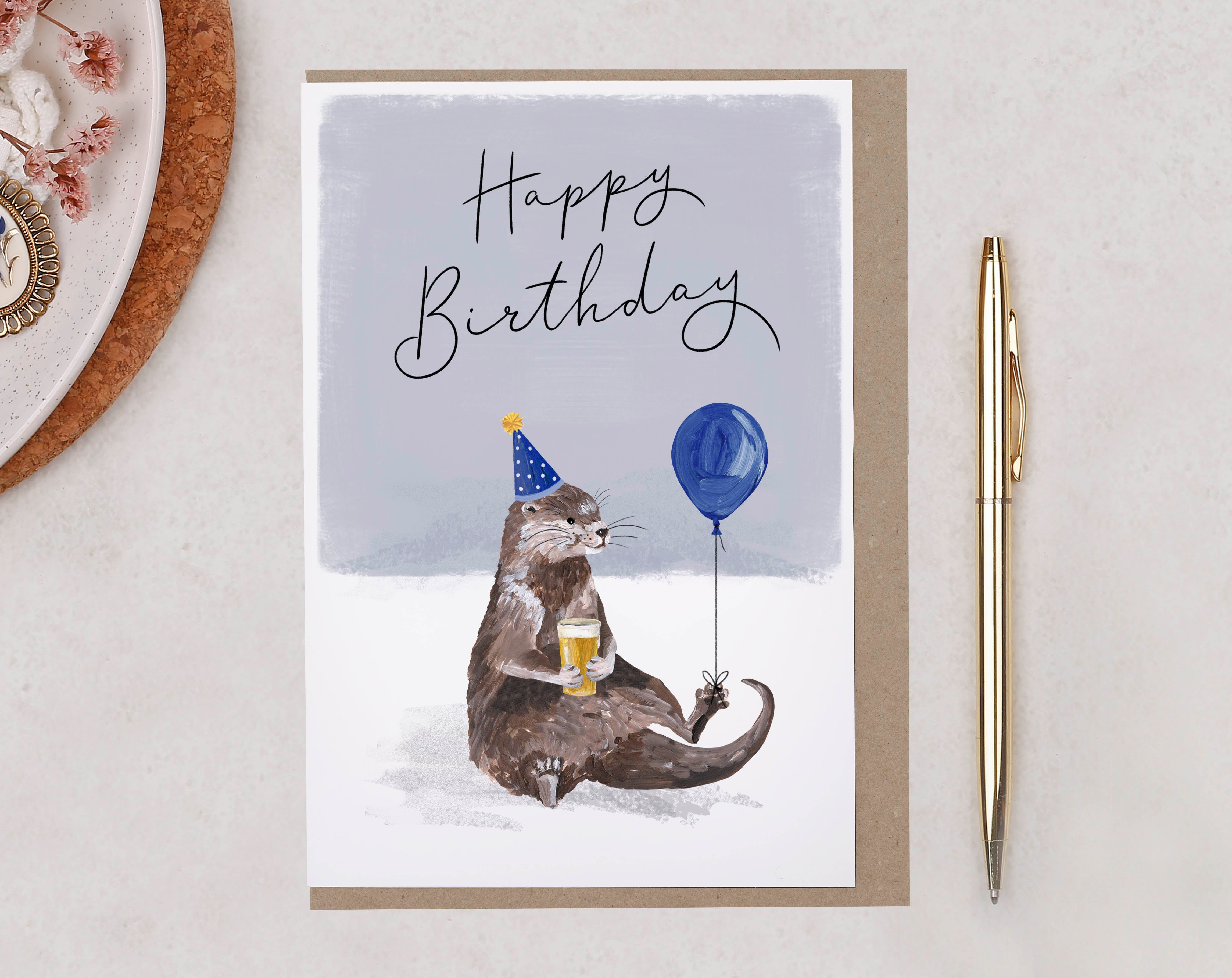 Otter With Beer Happy Birthday Card. Greeting & Note Cards designed by Making Meadows