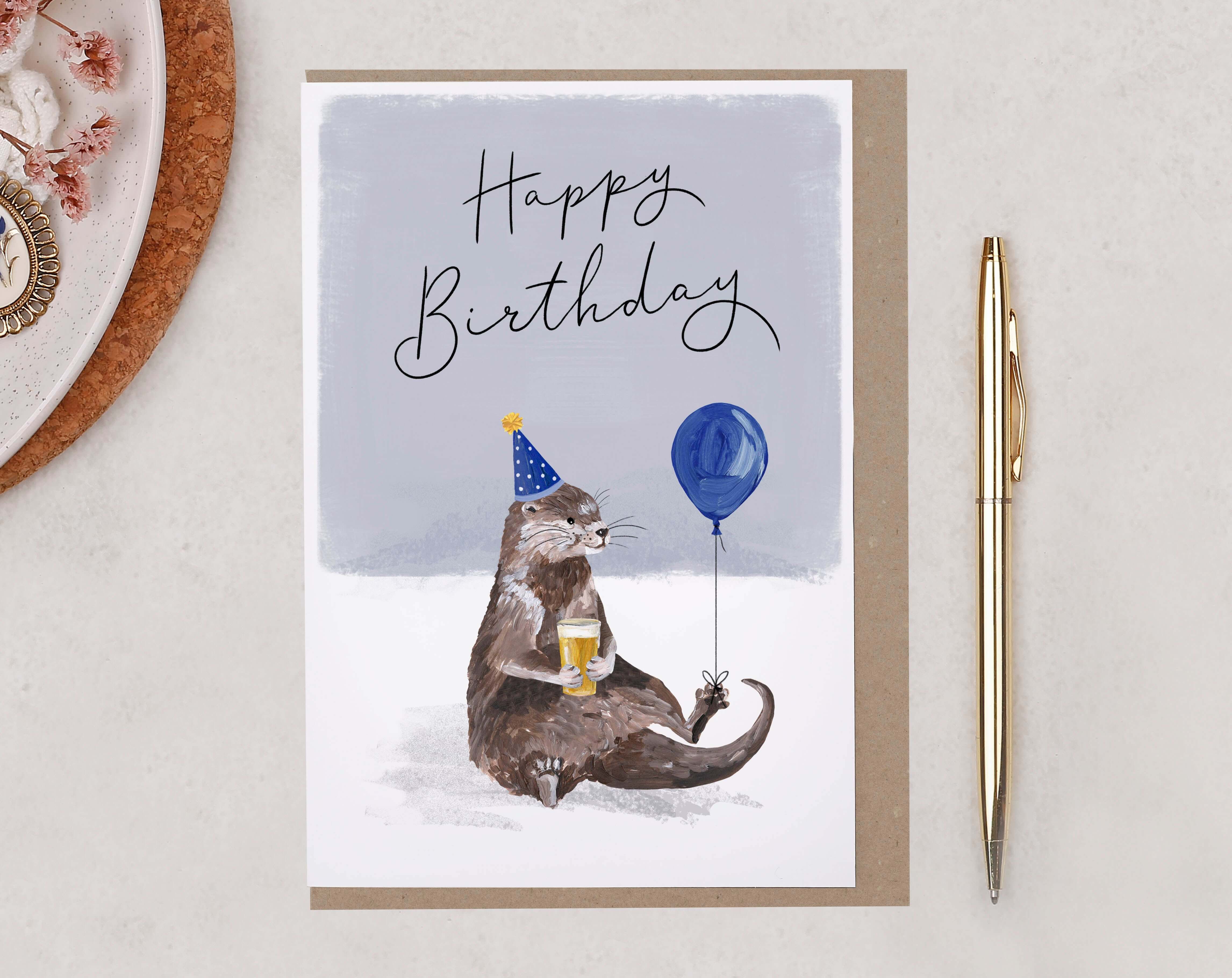 Otter With Beer Happy Birthday Card. Greeting & Note Cards designed by Making Meadows
